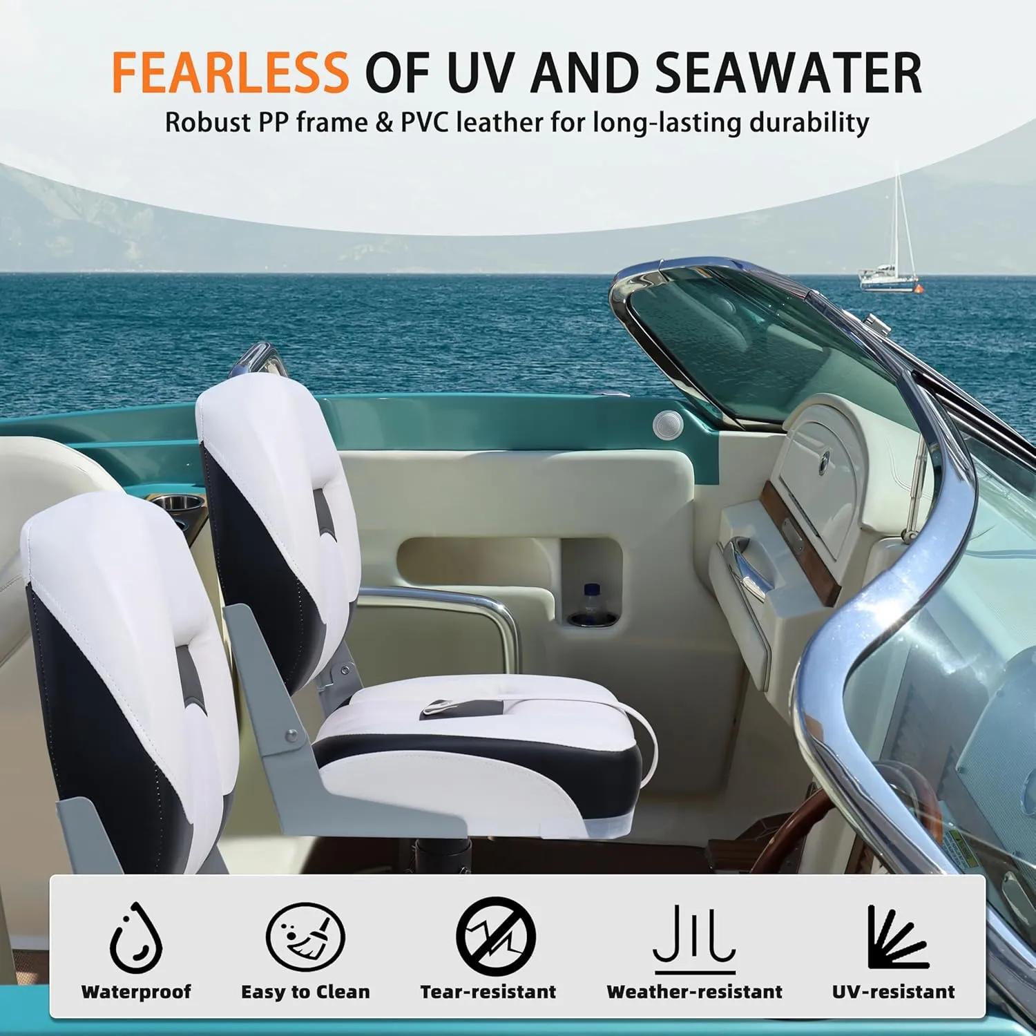 Folding Fishing Boat Seats Low Back 2 Pack, Waterproof Boat Captain Chairs, Stainless Steel Screws Included, White and Black