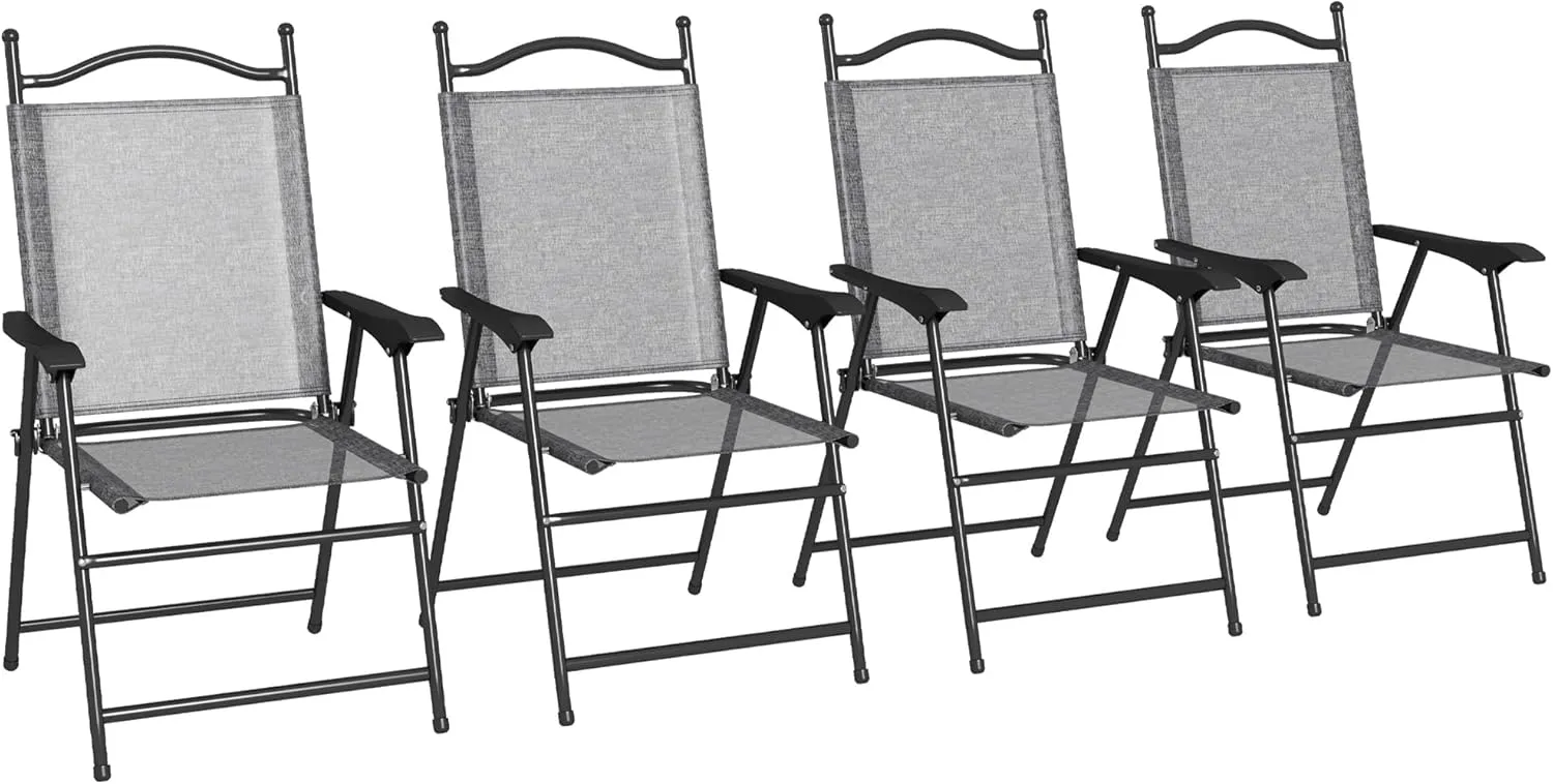 Folding Patio Chairs, Set of 4 Sports Chairs for Adults, Camping Chairs with Armrests, Breathable Mesh Fabric Seat for Lawn, Gray