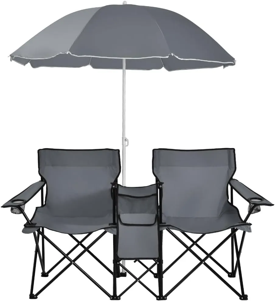 Folding Portable Picnic Double Chair W/Umbrella Table Cooler Beach Camping