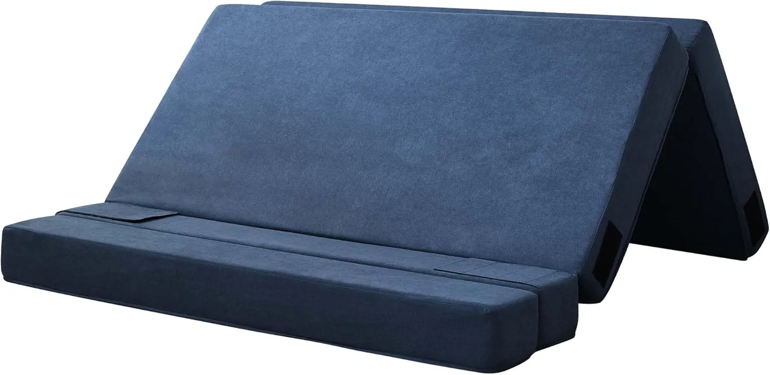 Folding Sofa Bed, 3-in-1 Convertible Sleeper Chair with Pillow, Linen Foldable Mattress Futon, Memory Foam Floor Couch for Living Room/Dorm/Guest Room/Home Office/Bedroom, Queen, Navy Blue
