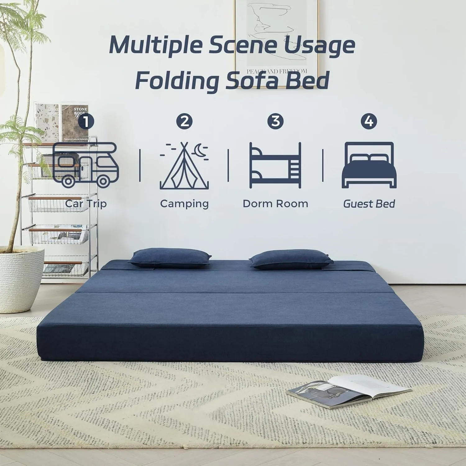 Folding Sofa Bed, 3-in-1 Convertible Sleeper Chair with Pillow, Linen Foldable Mattress Futon, Memory Foam Floor Couch for Living Room/Dorm/Guest Room/Home Office/Bedroom, Queen, Navy Blue