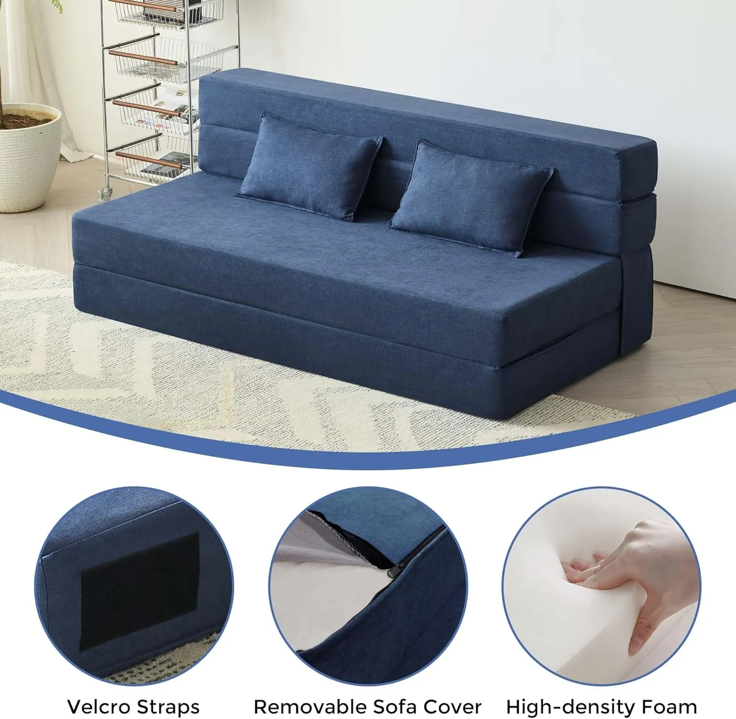 Folding Sofa Bed, 3-in-1 Convertible Sleeper Chair with Pillow, Linen Foldable Mattress Futon, Memory Foam Floor Couch for Living Room/Dorm/Guest Room/Home Office/Bedroom, Queen, Navy Blue