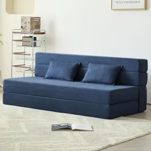 Folding Sofa Bed, 3-in-1 Convertible Sleeper Chair with Pillow, Linen Foldable Mattress Futon, Memory Foam Floor Couch for Living Room/Dorm/Guest Room/Home Office/Bedroom, Queen, Navy Blue