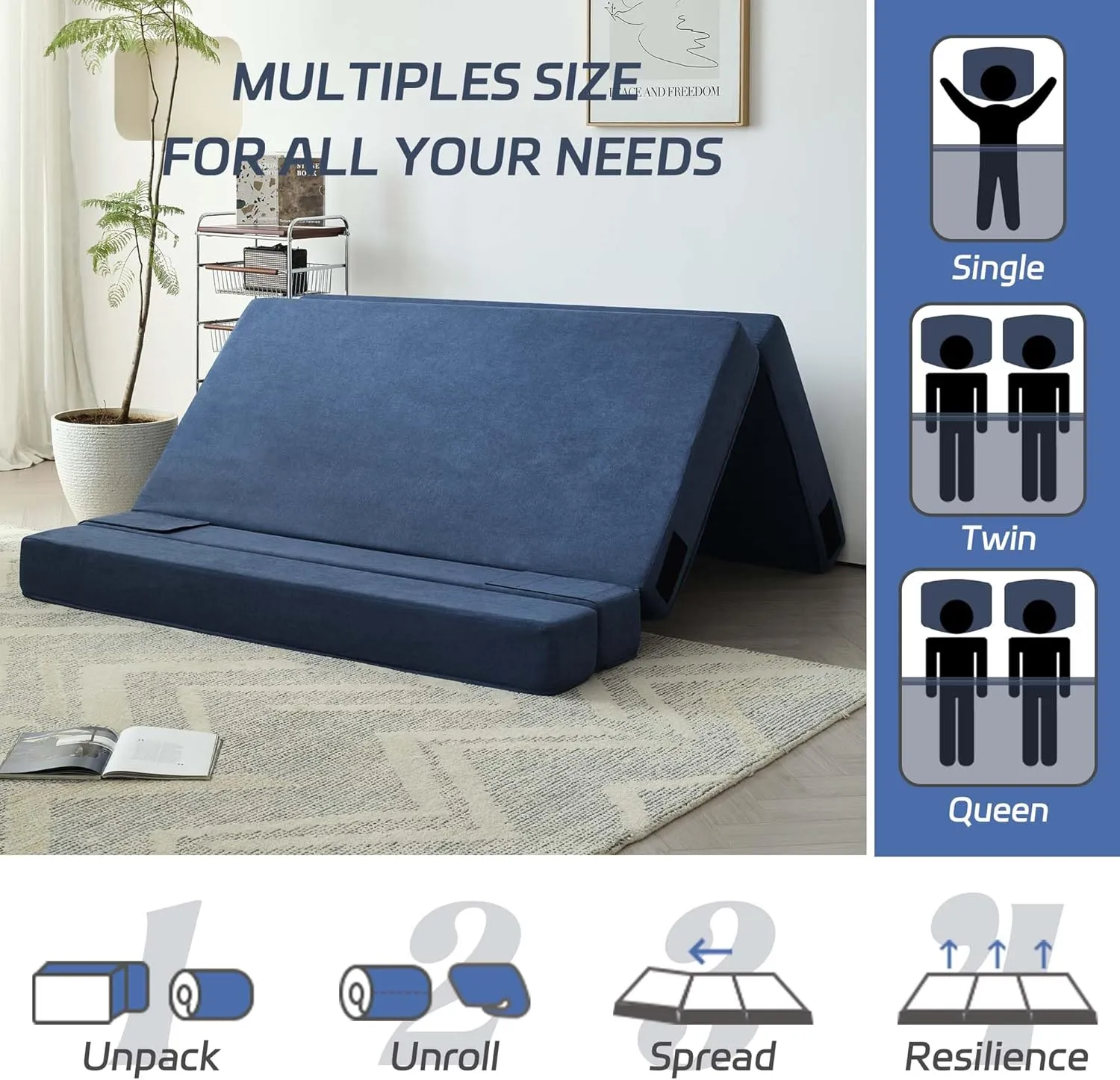 Folding Sofa Bed, 3-in-1 Convertible Sleeper Chair with Pillow, Linen Foldable Mattress Futon, Memory Foam Floor Couch for Living Room/Dorm/Guest Room/Home Office/Bedroom, Queen, Navy Blue