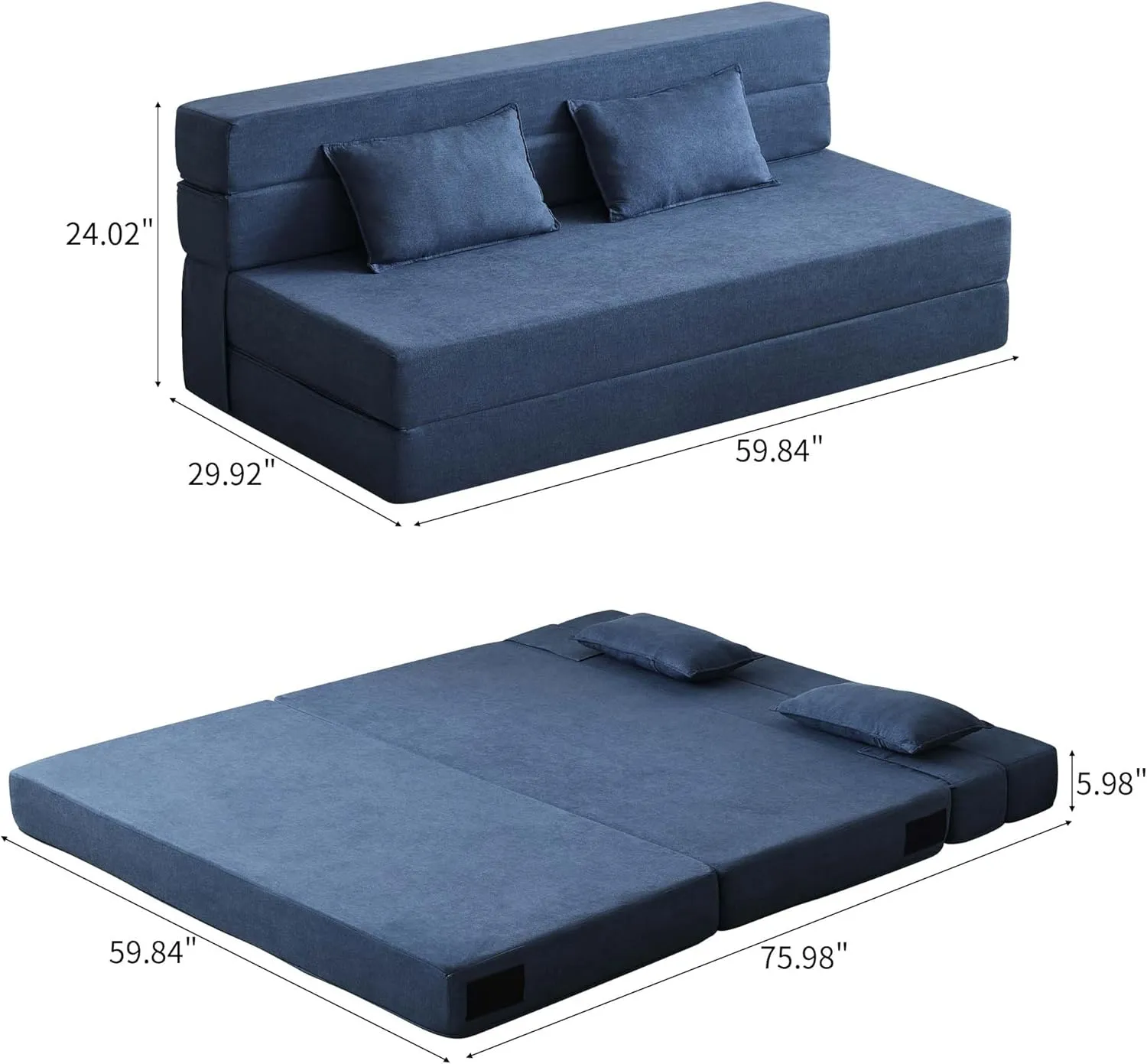 Folding Sofa Bed, 3-in-1 Convertible Sleeper Chair with Pillow, Linen Foldable Mattress Futon, Memory Foam Floor Couch for Living Room/Dorm/Guest Room/Home Office/Bedroom, Queen, Navy Blue
