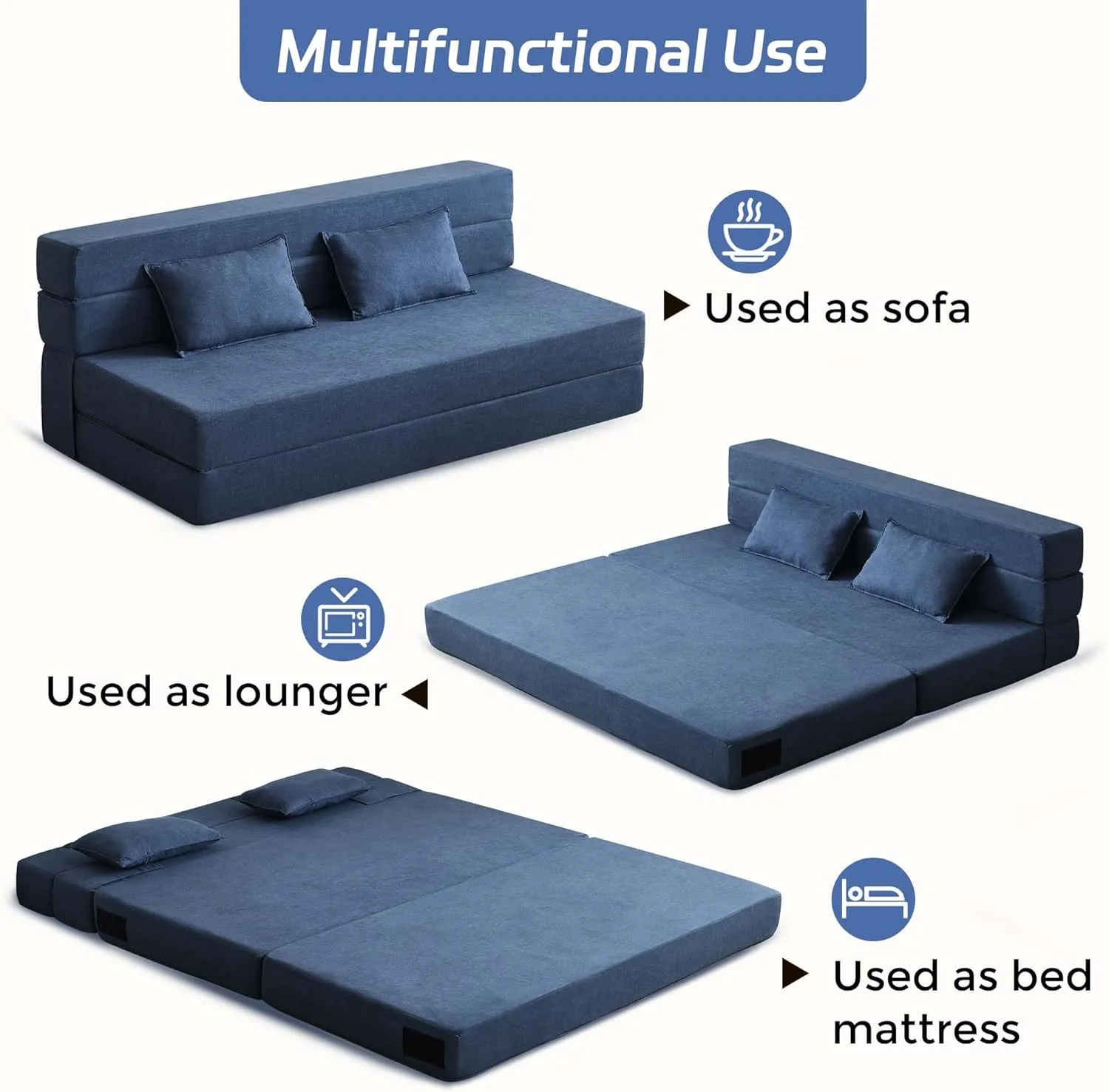 Folding Sofa Bed, 3-in-1 Convertible Sleeper Chair with Pillow, Linen Foldable Mattress Futon, Memory Foam Floor Couch for Living Room/Dorm/Guest Room/Home Office/Bedroom, Queen, Navy Blue