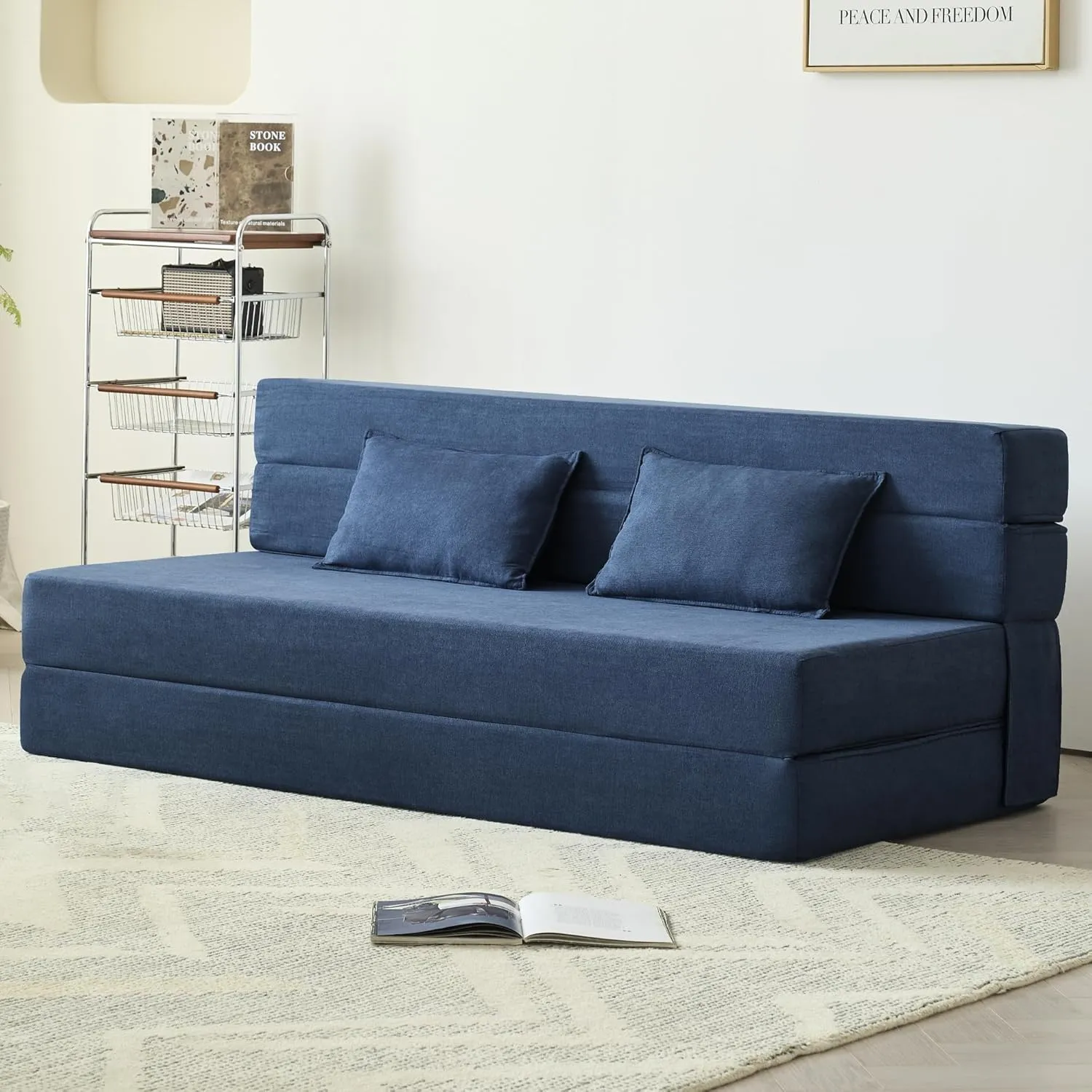 Folding Sofa Bed, 3-in-1 Convertible Sleeper Chair with Pillow, Linen Foldable Mattress Futon, Memory Foam Floor Couch for Living Room/Dorm/Guest Room/Home Office/Bedroom, Queen, Navy Blue