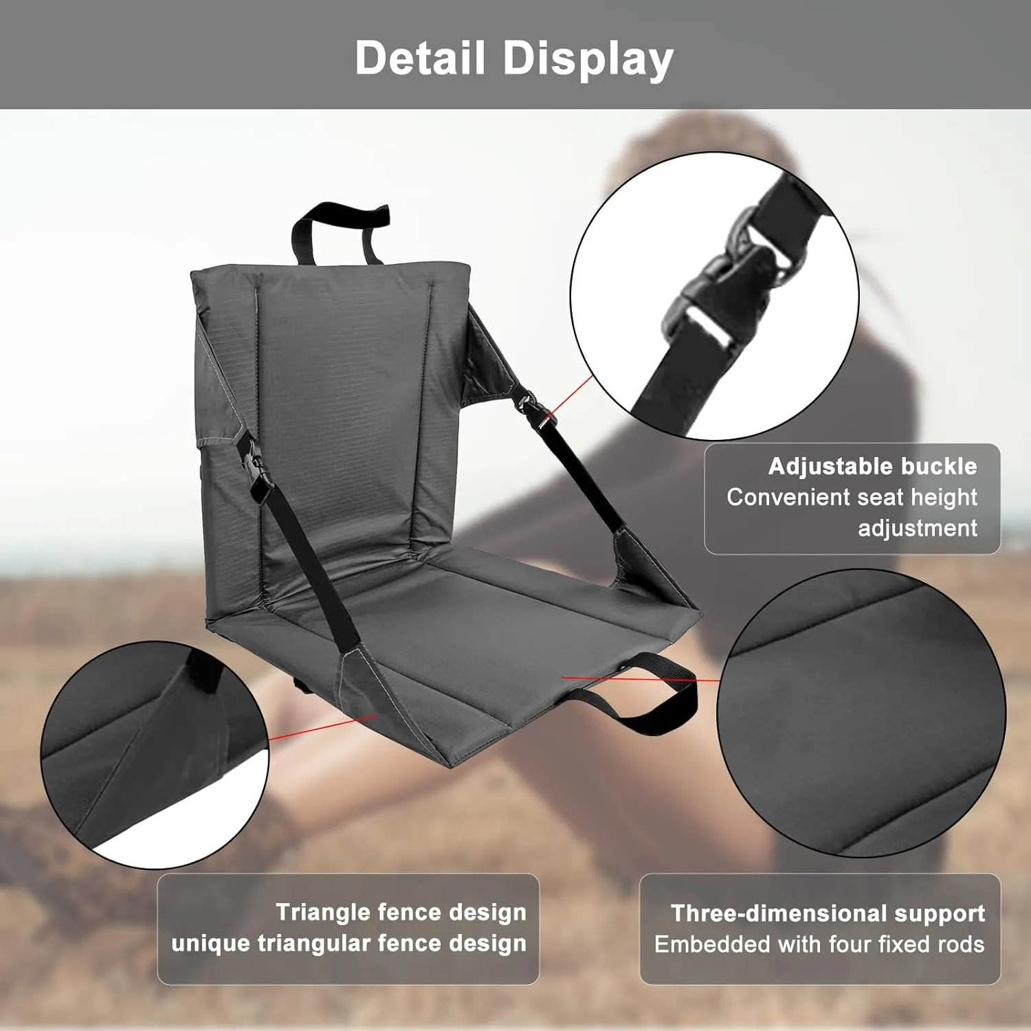 Folding Stadium Seat Cushion with Backrest, Portable Bleacher Pad for Camping, Fishing,15.8'' x 16.5'',Lightweight Chair with Backrest for Outdoor Sports and Concerts (Grey)