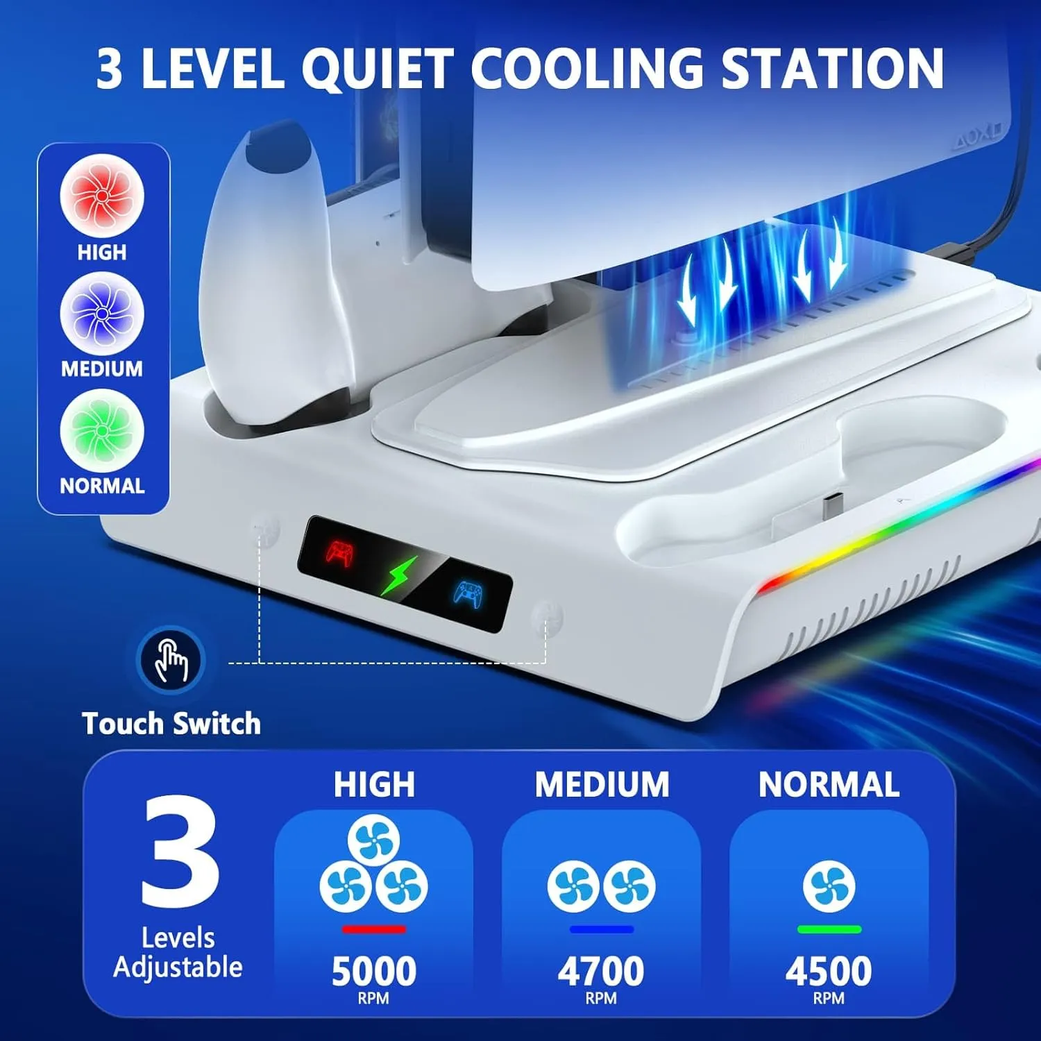 For PS5 Slim/Pro Cooling&Charging Station for Disc/Digital Console,3 Level Cooler Fan Stand with RGB Light,2 Controller Charger,Playstation Accessories with 3 USB Port,6 Game Slots (Not for PS5)