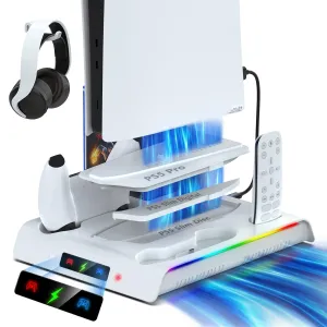 For PS5 Slim/Pro Cooling&Charging Station for Disc/Digital Console,3 Level Cooler Fan Stand with RGB Light,2 Controller Charger,Playstation Accessories with 3 USB Port,6 Game Slots (Not for PS5)