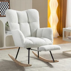 FOXHUNTER Rocking Chair Nursery with Foot Rest, Teddy Glider Rocking Chair for Nursery Upholstered Rocker Recliner Chair, Comfy Armchair with Adjustable Footrest for Living Room Bedroom, Ivory Teddy