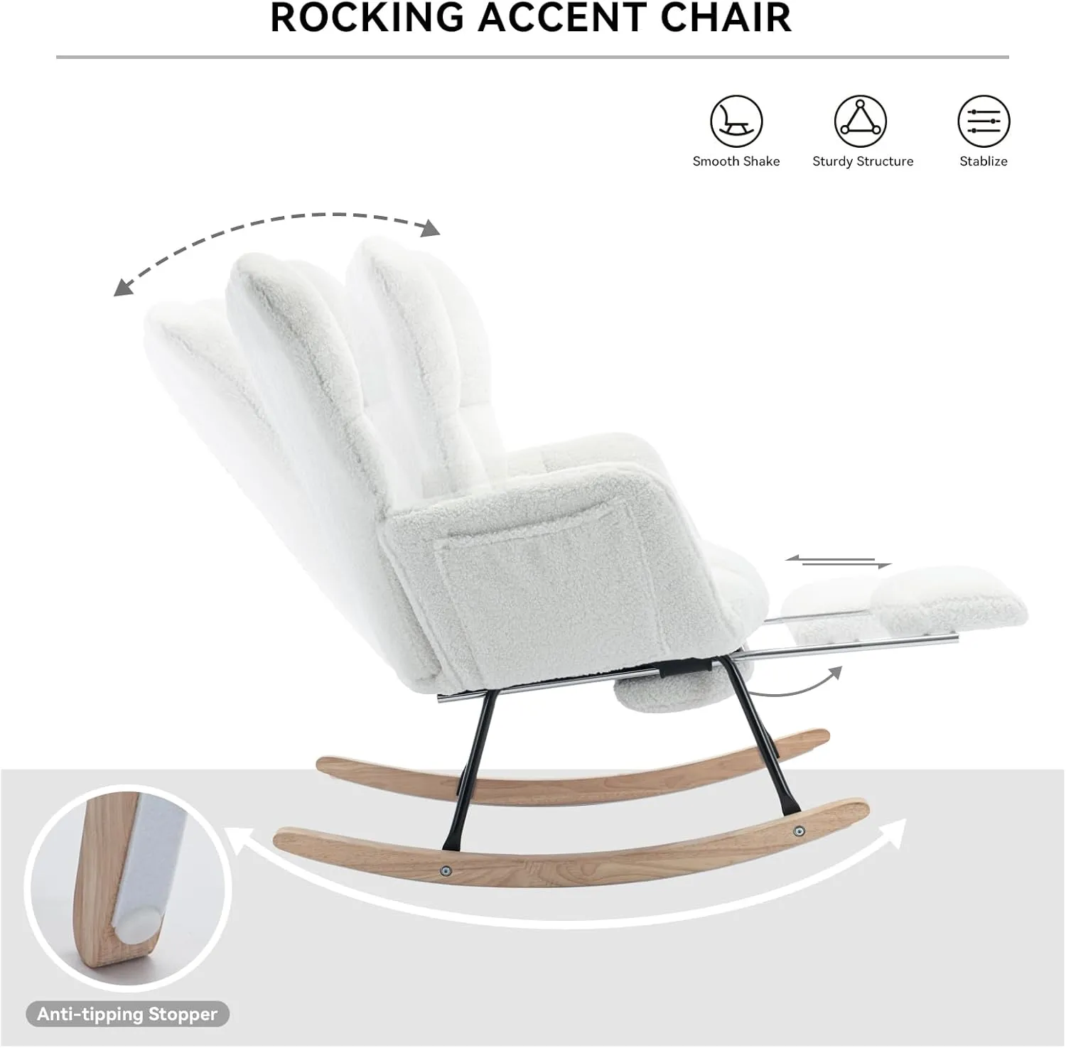 FOXHUNTER Rocking Chair Nursery with Foot Rest, Teddy Glider Rocking Chair for Nursery Upholstered Rocker Recliner Chair, Comfy Armchair with Adjustable Footrest for Living Room Bedroom, Ivory Teddy