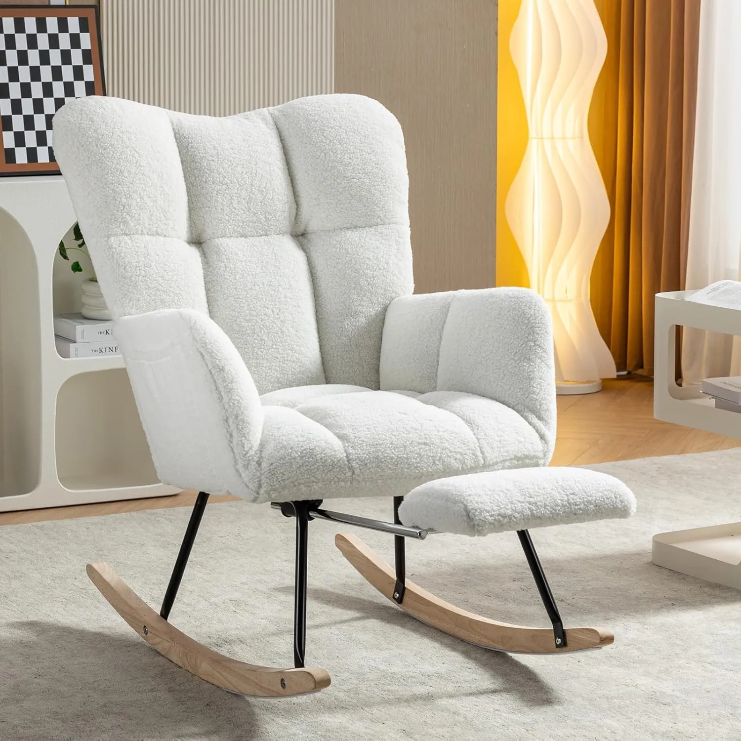 FOXHUNTER Rocking Chair Nursery with Foot Rest, Teddy Glider Rocking Chair for Nursery Upholstered Rocker Recliner Chair, Comfy Armchair with Adjustable Footrest for Living Room Bedroom, Ivory Teddy