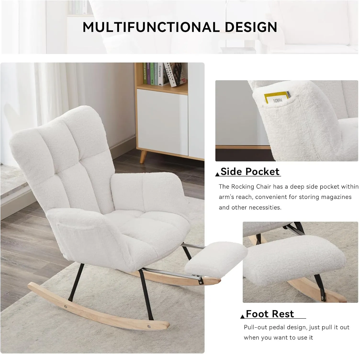 FOXHUNTER Rocking Chair Nursery with Foot Rest, Teddy Glider Rocking Chair for Nursery Upholstered Rocker Recliner Chair, Comfy Armchair with Adjustable Footrest for Living Room Bedroom, Ivory Teddy