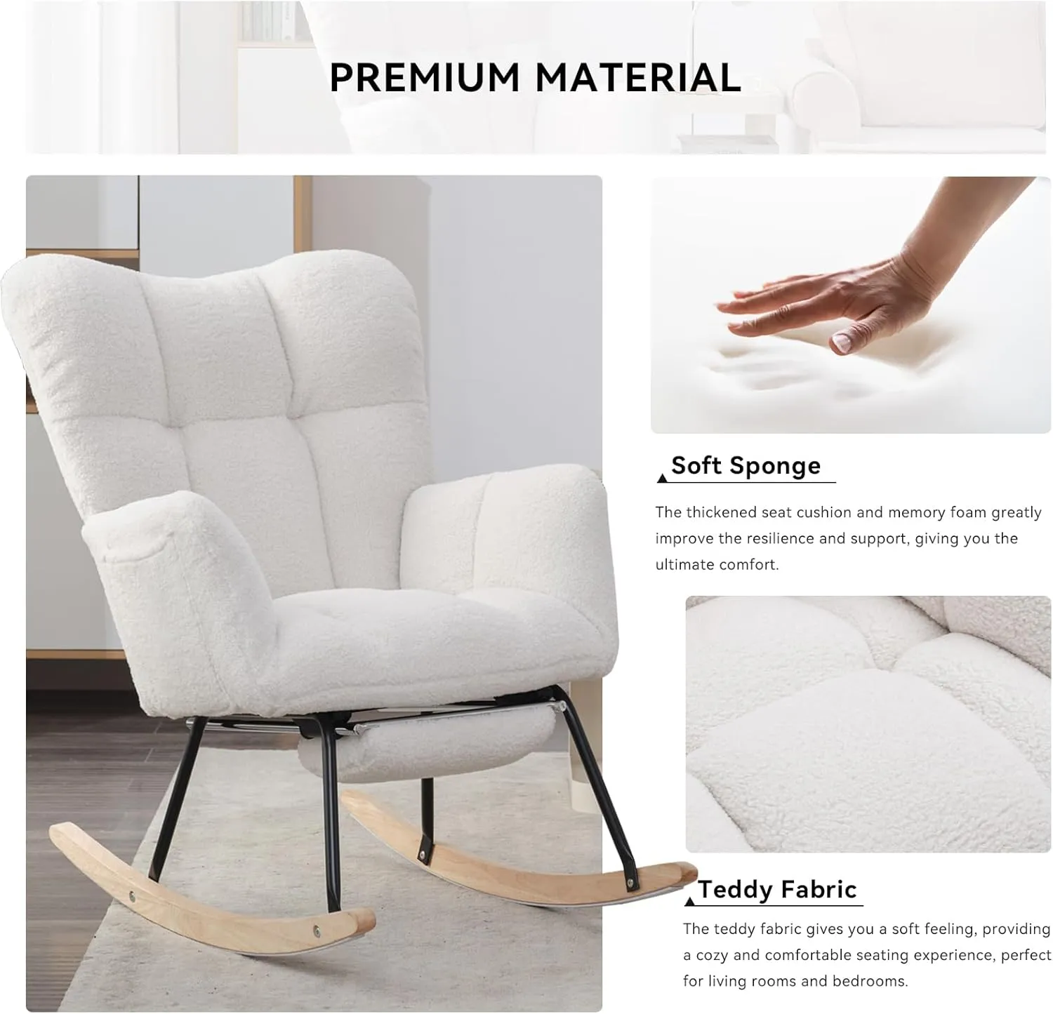 FOXHUNTER Rocking Chair Nursery with Foot Rest, Teddy Glider Rocking Chair for Nursery Upholstered Rocker Recliner Chair, Comfy Armchair with Adjustable Footrest for Living Room Bedroom, Ivory Teddy