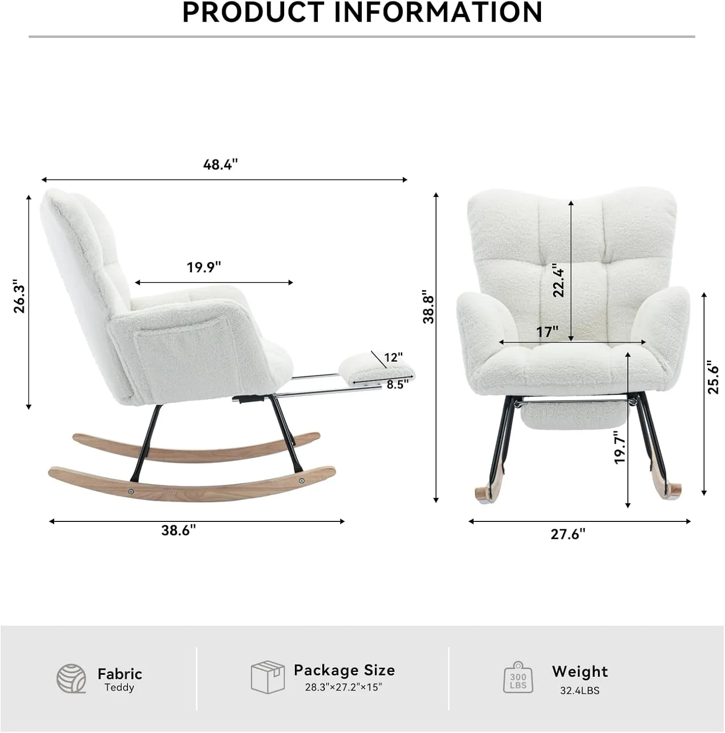 FOXHUNTER Rocking Chair Nursery with Foot Rest, Teddy Glider Rocking Chair for Nursery Upholstered Rocker Recliner Chair, Comfy Armchair with Adjustable Footrest for Living Room Bedroom, Ivory Teddy