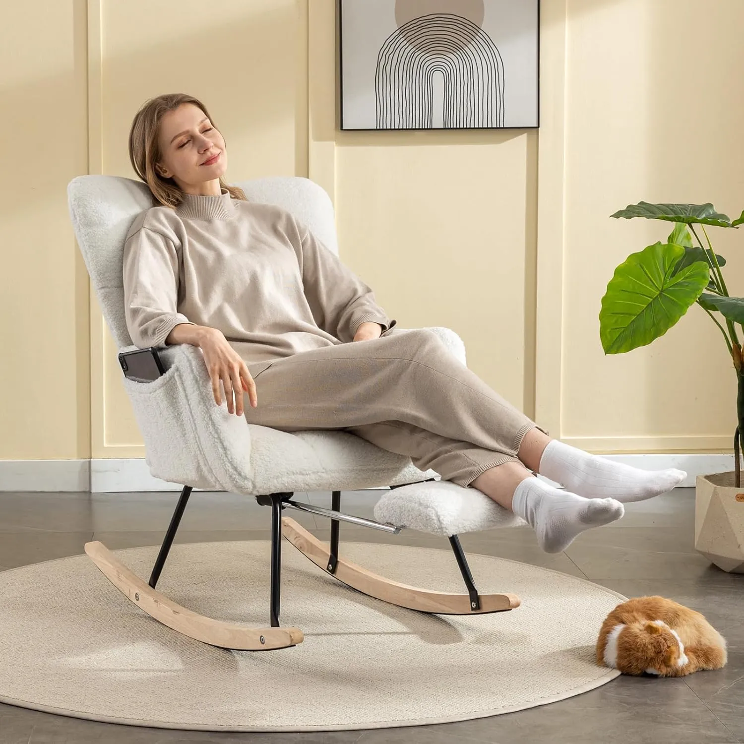 FOXHUNTER Rocking Chair Nursery with Foot Rest, Teddy Glider Rocking Chair for Nursery Upholstered Rocker Recliner Chair, Comfy Armchair with Adjustable Footrest for Living Room Bedroom, Ivory Teddy