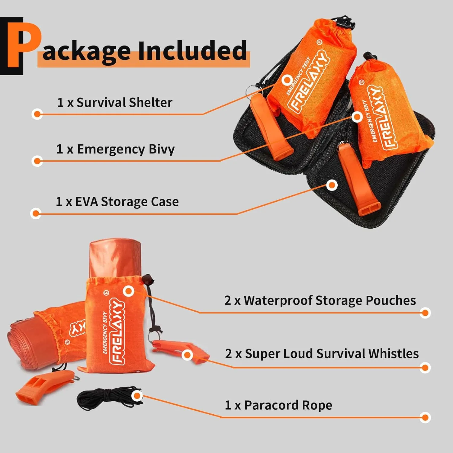 Frelaxy Extra-Thick Survival Tent and Emergency Sleeping Bag, Emergency Shelter Survival Bivy Set with Whistles, Paracord, Storage Pouches, and EVA Case, Perfect for Survival Kits