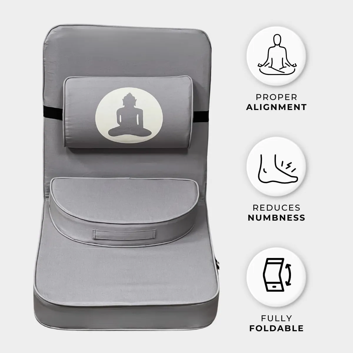 Friends Of Meditation Relaxing Buddha Meditation Chair | Detachable Rectangular Back Support & Zafu Cushion | Portable Folding Chair | with Back Support | Yoga Chairs for Adults | Grey