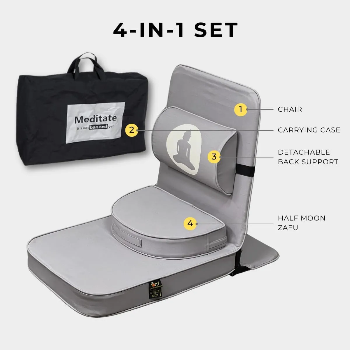 Friends Of Meditation Relaxing Buddha Meditation Chair | Detachable Rectangular Back Support & Zafu Cushion | Portable Folding Chair | with Back Support | Yoga Chairs for Adults | Grey