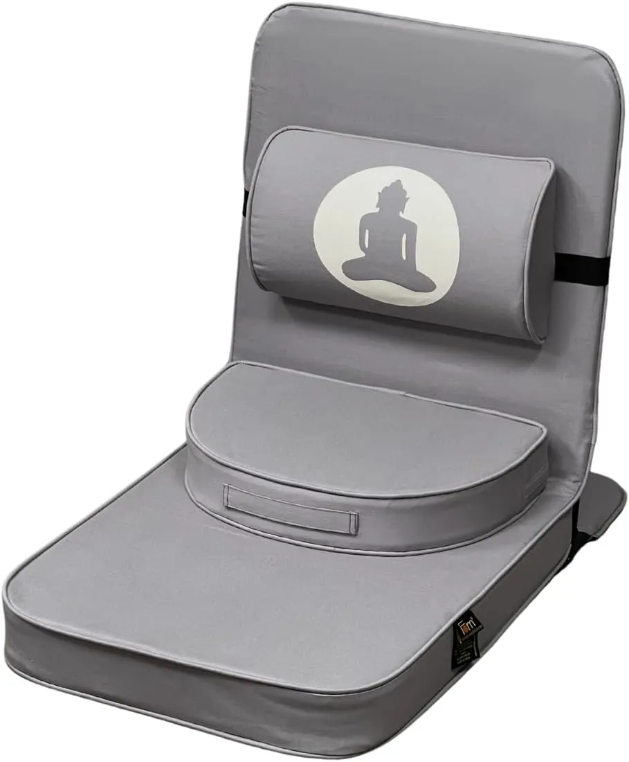 Friends Of Meditation Relaxing Buddha Meditation Chair | Detachable Rectangular Back Support & Zafu Cushion | Portable Folding Chair | with Back Support | Yoga Chairs for Adults | Grey