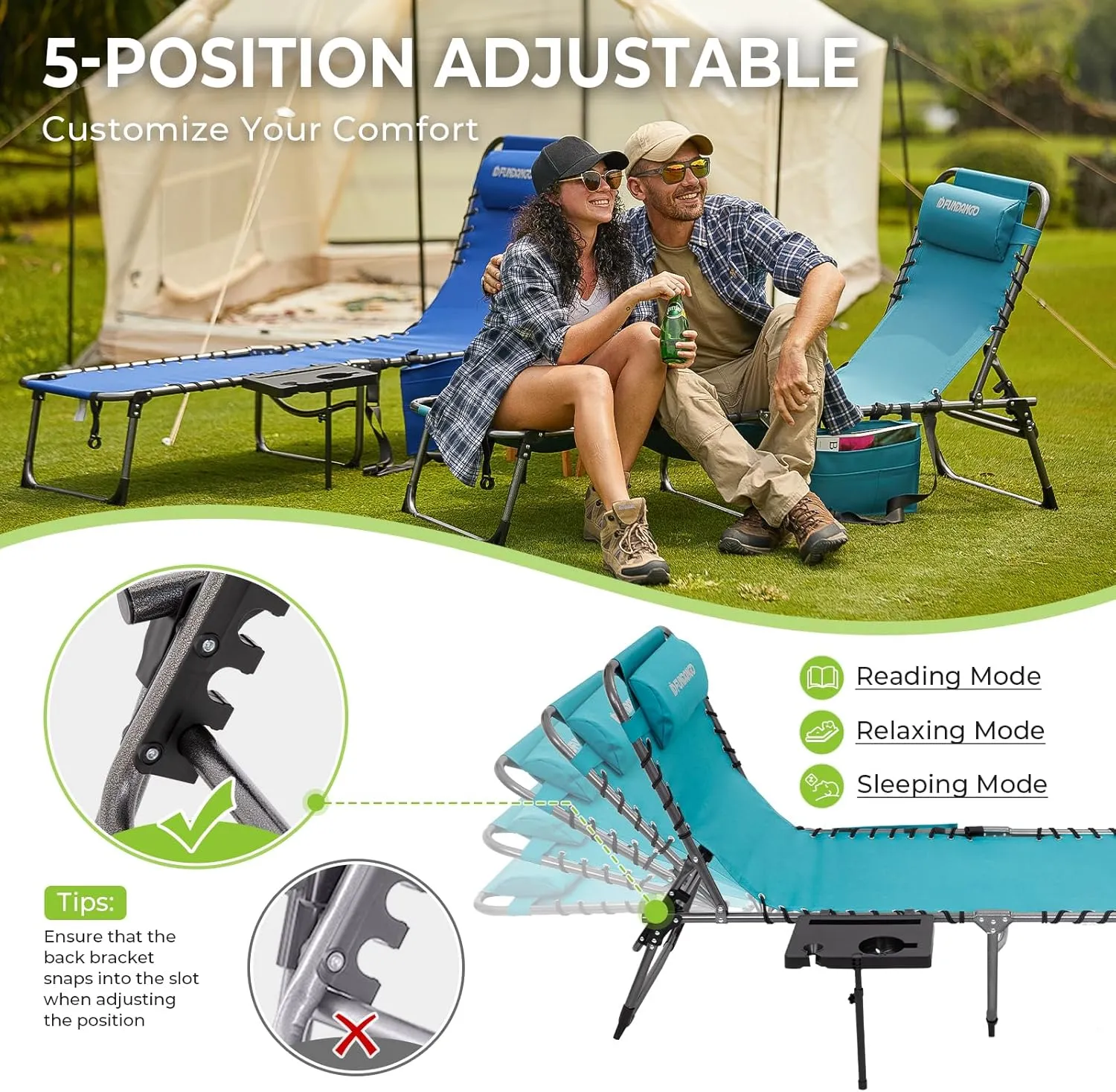 FUNDANGO 2 Pack Folding Chaise Lounge Chair Outdoor, 5 Positions Foldable Beach Lounges Chairs for Adults with Side Table & Pillow for Outside Tanning Pool Camping Patio Lawn (Cyan)