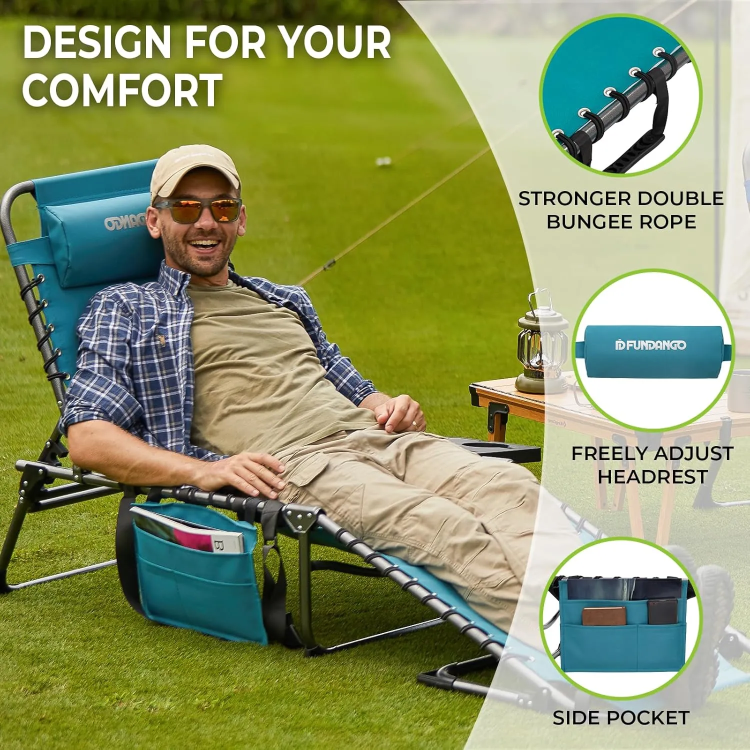 FUNDANGO 2 Pack Folding Chaise Lounge Chair Outdoor, 5 Positions Foldable Beach Lounges Chairs for Adults with Side Table & Pillow for Outside Tanning Pool Camping Patio Lawn (Cyan)