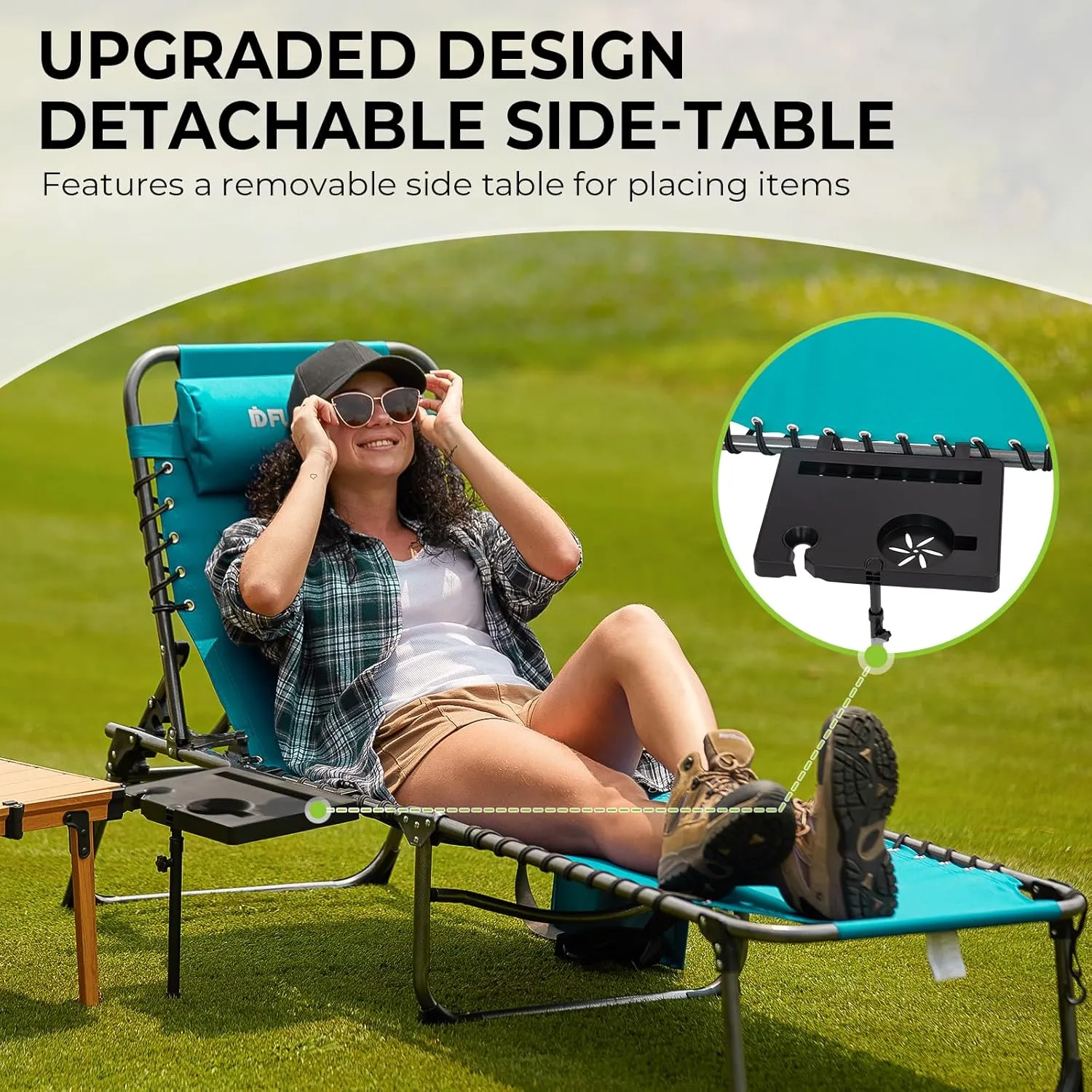 FUNDANGO 2 Pack Folding Chaise Lounge Chair Outdoor, 5 Positions Foldable Beach Lounges Chairs for Adults with Side Table & Pillow for Outside Tanning Pool Camping Patio Lawn (Cyan)