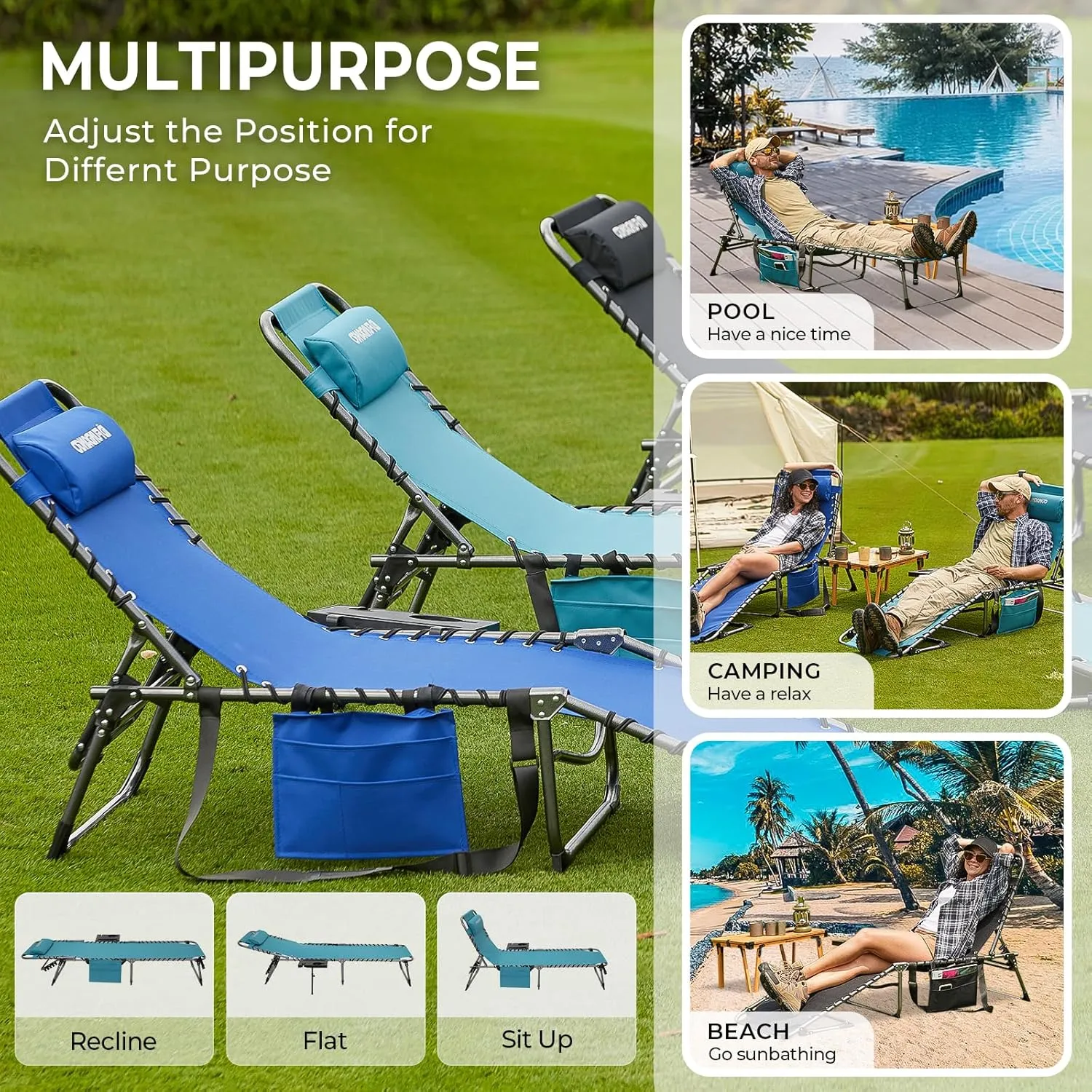 FUNDANGO 2 Pack Folding Chaise Lounge Chair Outdoor, 5 Positions Foldable Beach Lounges Chairs for Adults with Side Table & Pillow for Outside Tanning Pool Camping Patio Lawn (Cyan)