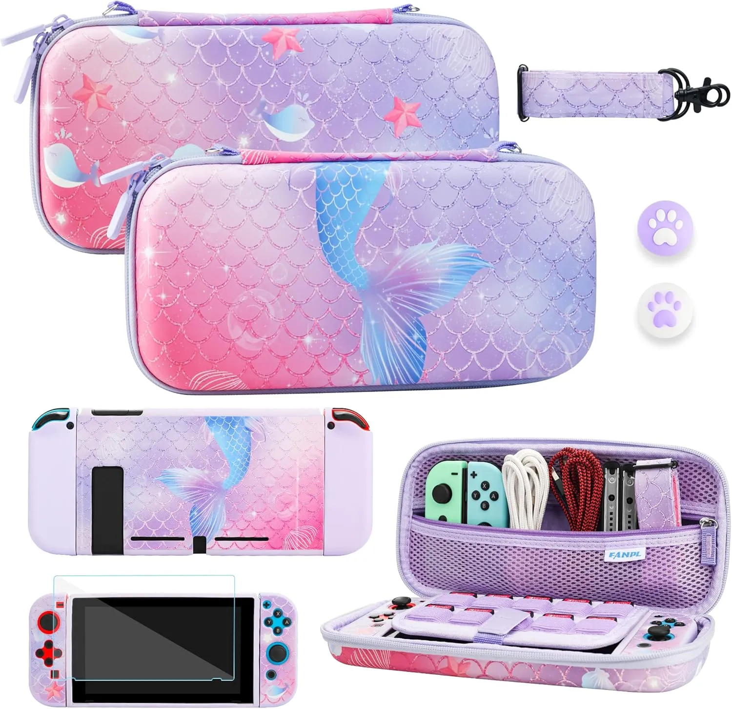 FUNDIARY Pink and Purple Travel Carrying Case for Nintendo Switch with Blue Fishtail Design, Portable Accessories with Slim Storage Bag, TPU Cover Skin, Screen Protector, Shoulder Strap & 2 Thumb Caps