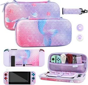 FUNDIARY Pink and Purple Travel Carrying Case for Nintendo Switch with Blue Fishtail Design, Portable Accessories with Slim Storage Bag, TPU Cover Skin, Screen Protector, Shoulder Strap & 2 Thumb Caps