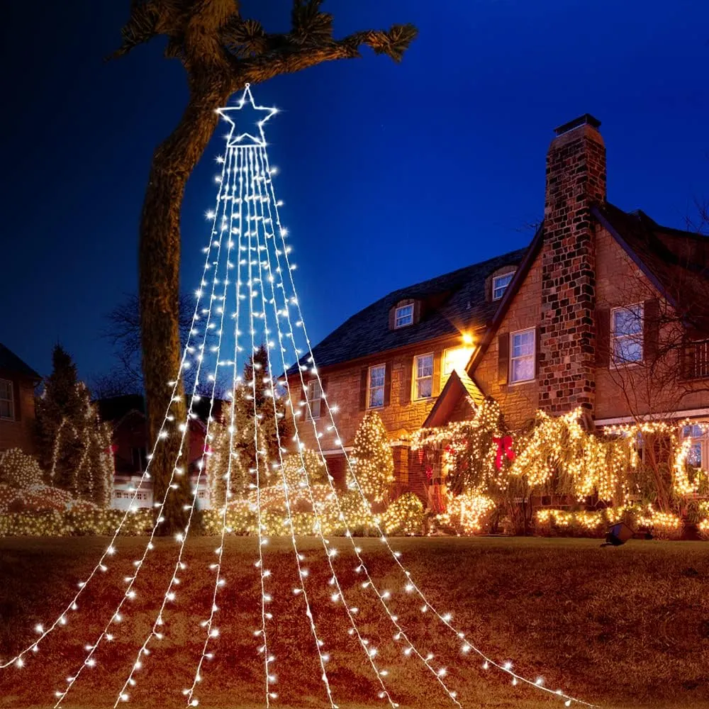 FUNIAO Outdoor Christmas Star Lights 320 LED Waterfall Christmas Tree Lights 8 Lighting Modes Outdoor Christmas Decorations Star String Lights for Outside Tree Wall Yard Xmas Wedding Party (White)