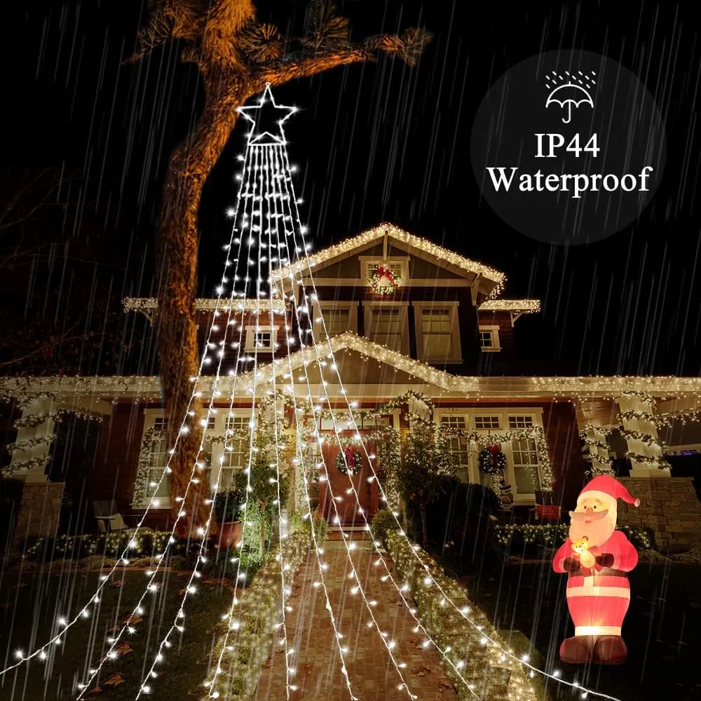 FUNIAO Outdoor Christmas Star Lights 320 LED Waterfall Christmas Tree Lights 8 Lighting Modes Outdoor Christmas Decorations Star String Lights for Outside Tree Wall Yard Xmas Wedding Party (White)