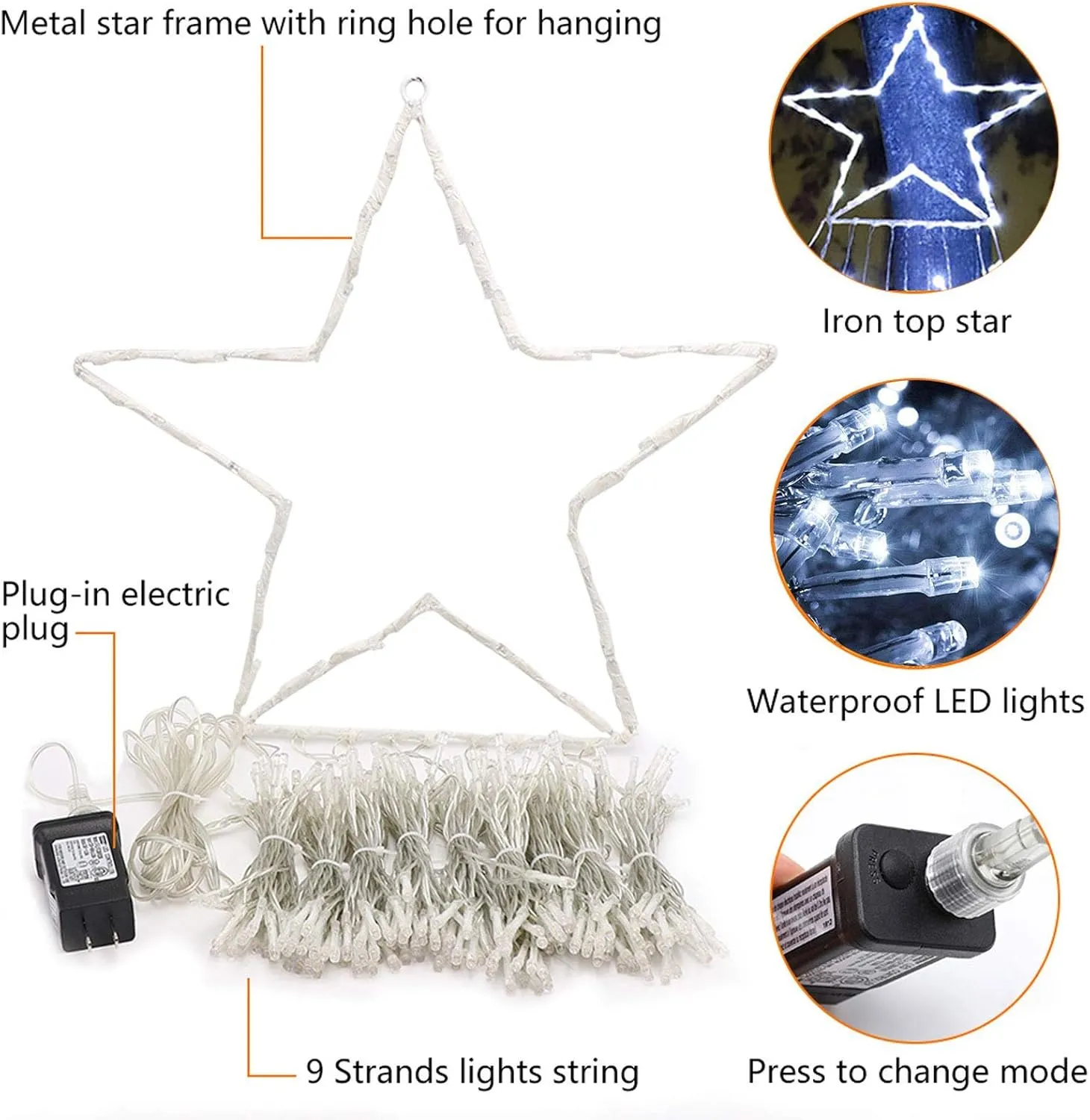 FUNIAO Outdoor Christmas Star Lights 320 LED Waterfall Christmas Tree Lights 8 Lighting Modes Outdoor Christmas Decorations Star String Lights for Outside Tree Wall Yard Xmas Wedding Party (White)