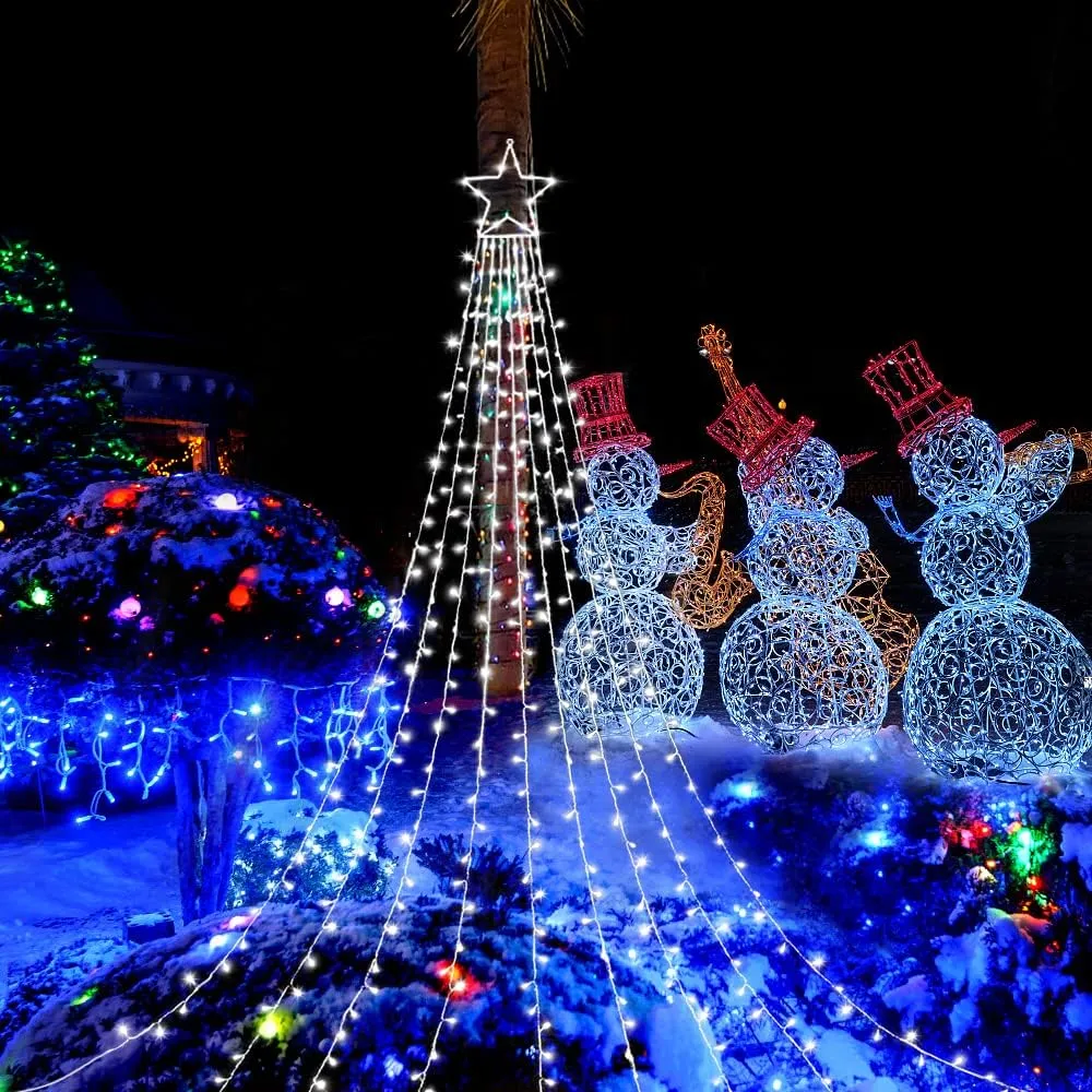 FUNIAO Outdoor Christmas Star Lights 320 LED Waterfall Christmas Tree Lights 8 Lighting Modes Outdoor Christmas Decorations Star String Lights for Outside Tree Wall Yard Xmas Wedding Party (White)