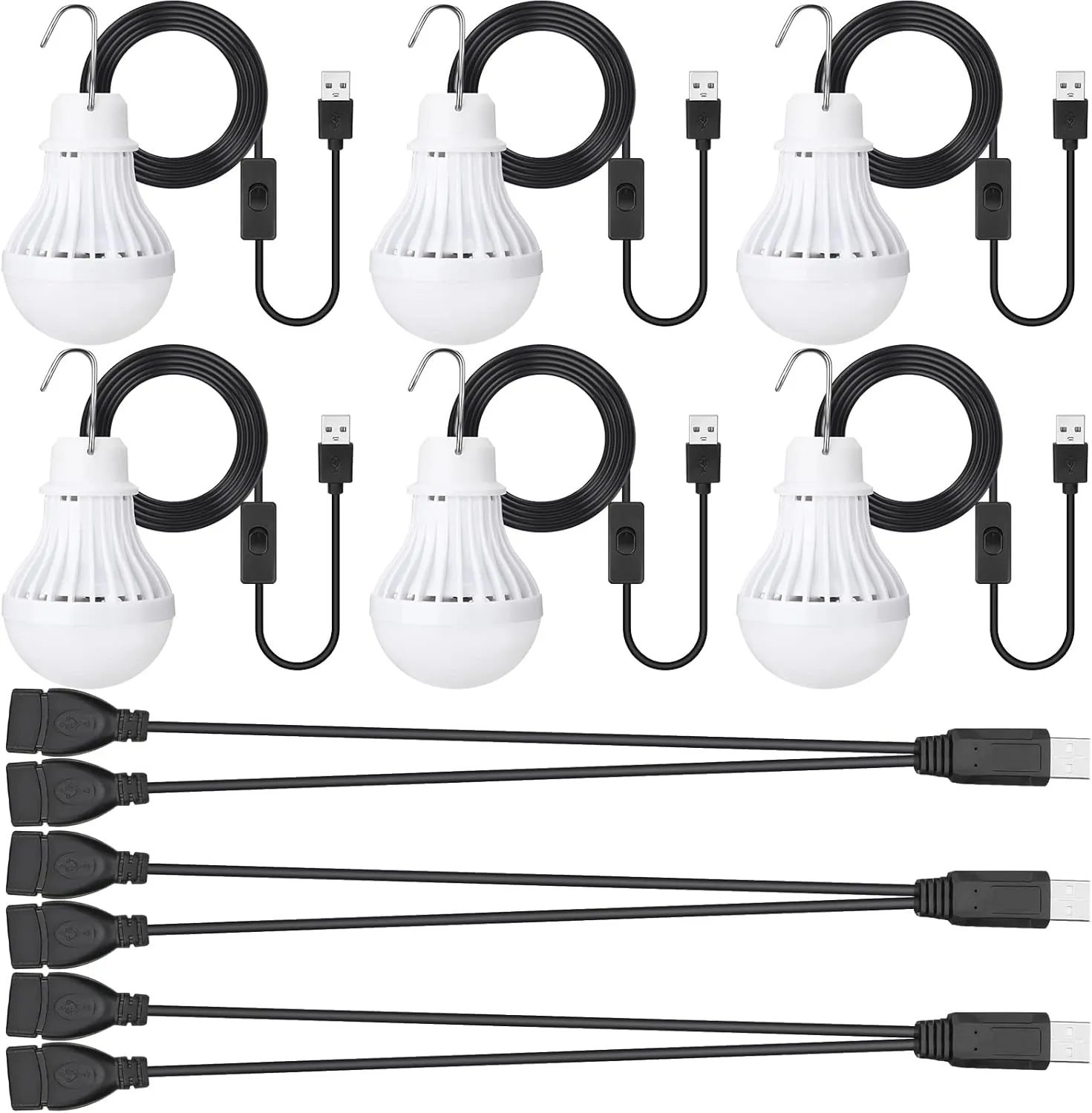 Funtery 6 Pcs USB LED Light Portable Light Bulb with USB Hanging Camping Light Splitter Cable for Camping Tent Garage Warehouse Car Truck Outdoor, 5W, 8.2ft