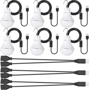 Funtery 6 Pcs USB LED Light Portable Light Bulb with USB Hanging Camping Light Splitter Cable for Camping Tent Garage Warehouse Car Truck Outdoor, 5W, 8.2ft