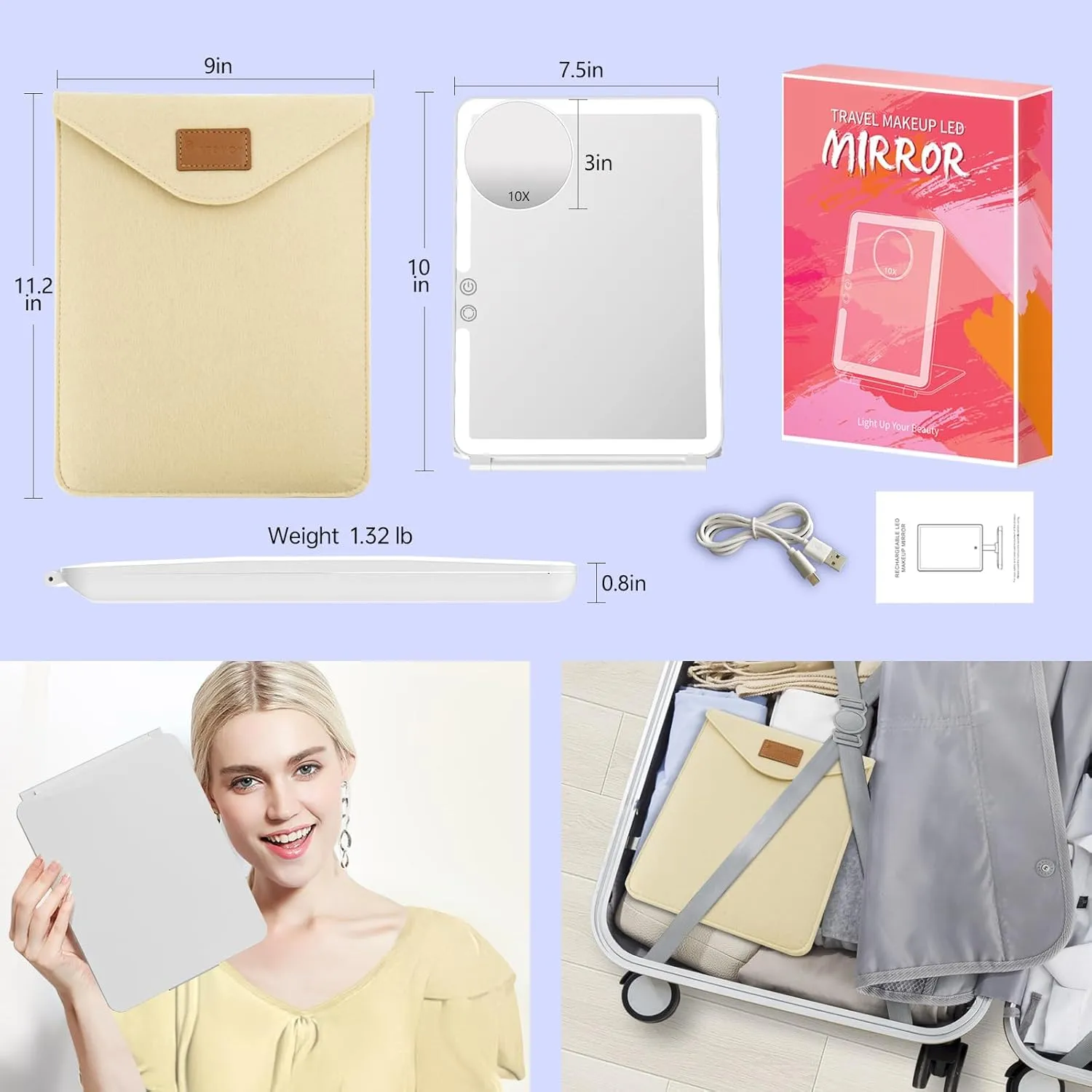 FUNTOUCH Large Rechargeable Travel Makeup Mirror with Light, Portable Makeup Mirror with 10X Magnifying Mirror 3 Lighting Modes, Dimmable Touch Screen, Tabletop Folding Travel Mirror with Storage Bag