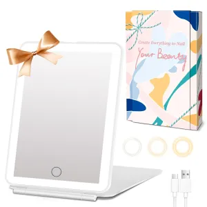 FUNTOUCH Rechargeable Travel Makeup Mirror with Lights, Portable Lighted Vanity Mirror with 80 Led,3 Color Lighting,Touch Dimming,Tabletop Light up Mirror in Gifts Package,Cosmetic Gifts for Women