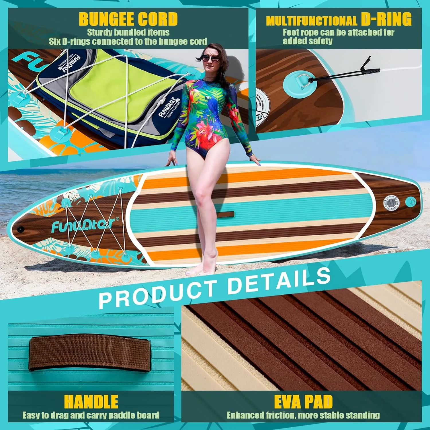 FunWater Inflatable Stand Up Paddle Board with Premium SUP Paddleboard Accessories, Wide Stable Anti-Slip EVA Deck, 11'/10'6" Paddle Boards for Adults & Youth of All Skill Levels