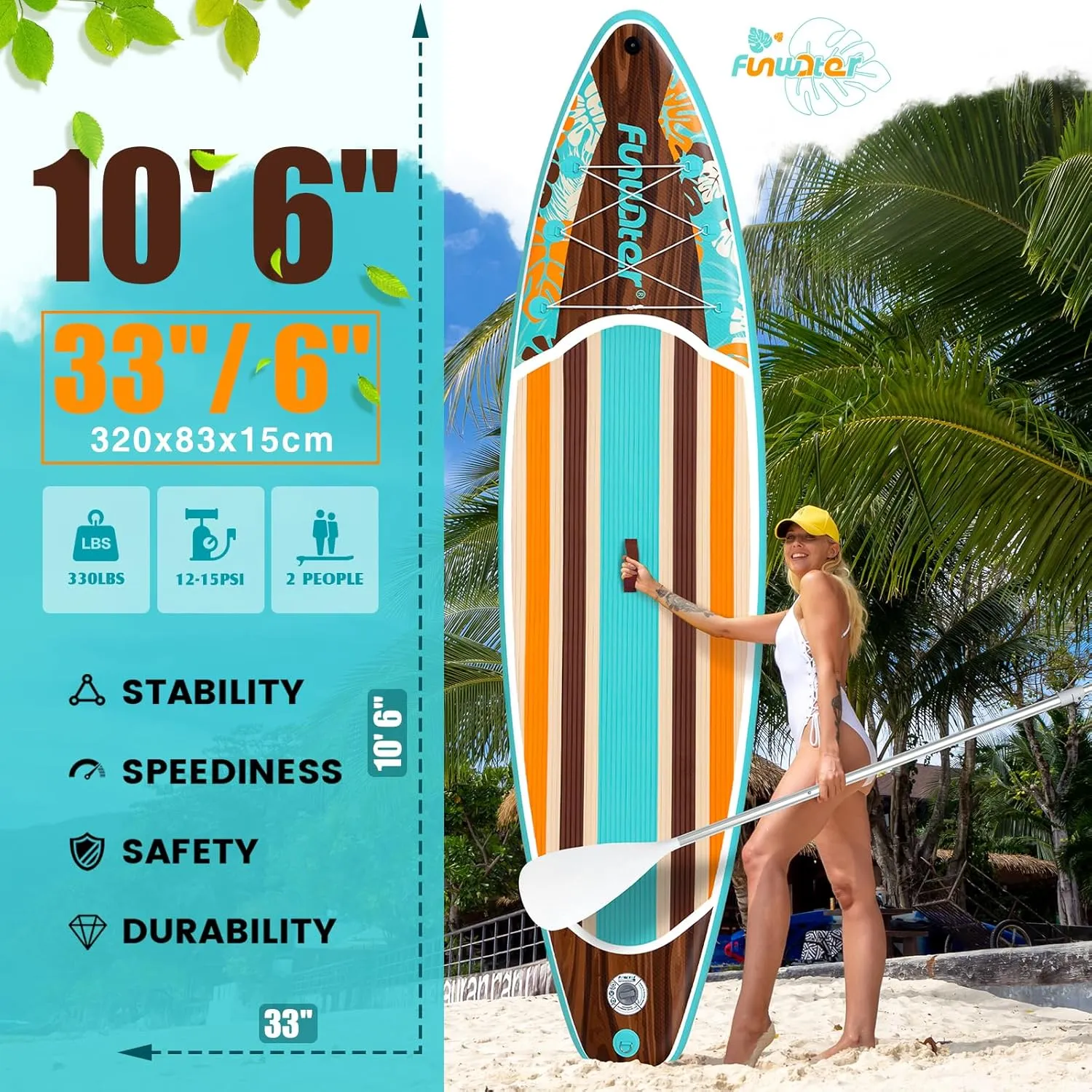 FunWater Inflatable Stand Up Paddle Board with Premium SUP Paddleboard Accessories, Wide Stable Anti-Slip EVA Deck, 11'/10'6" Paddle Boards for Adults & Youth of All Skill Levels