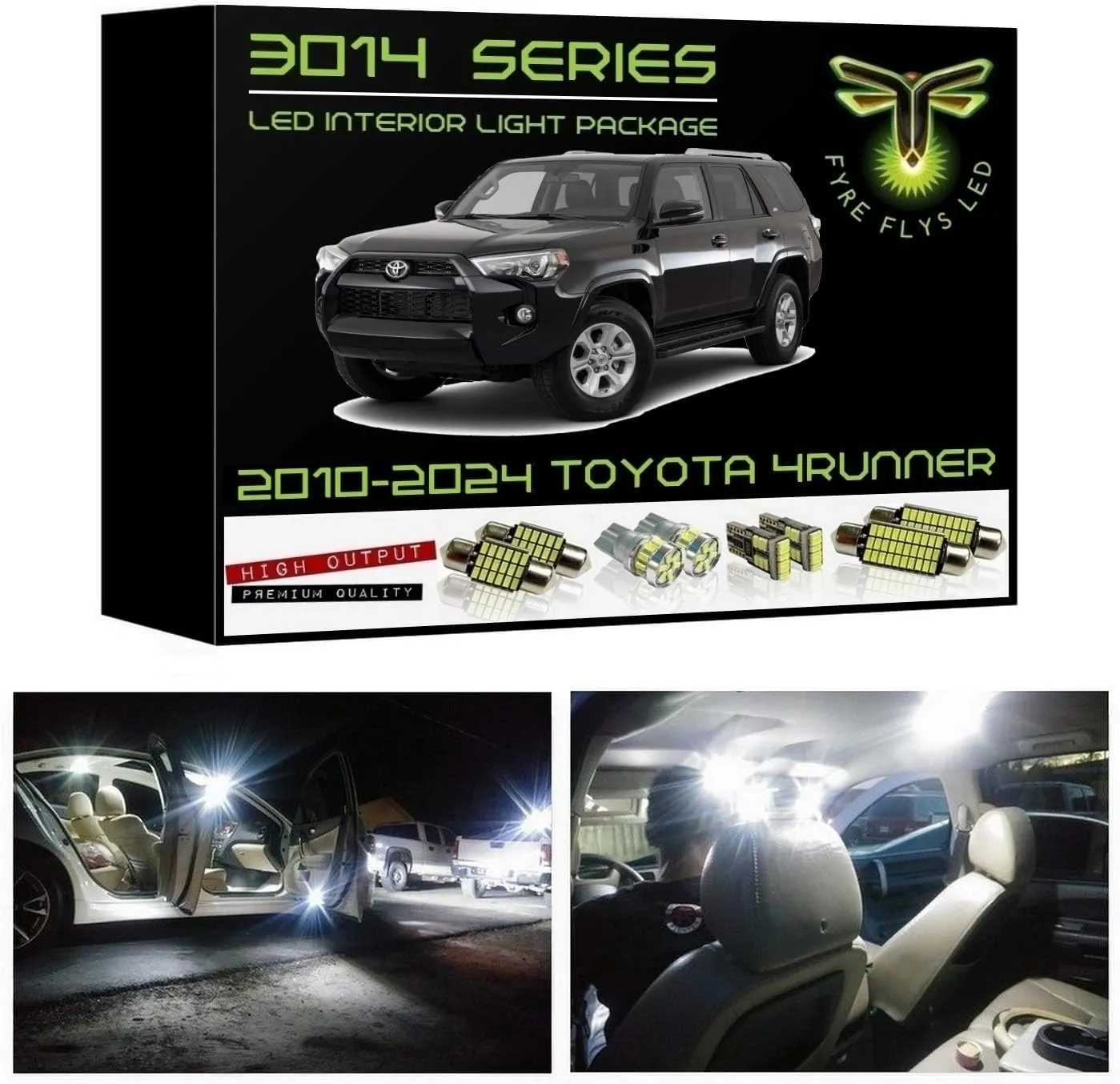 Fyre Flys White LED Interior Lights for 2010-2024 Toyota 4Runner 16 Piece 6000K Super Bright 3014 Series SMD Map Dome Door Vanity Mirror Cargo Puddle License Plate Package Kit and Install Tool