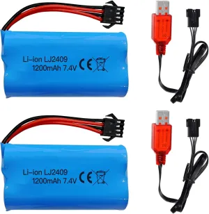 Fytoo 2PCS 7.4V 1200mah SM-4P Plug Rechargeable Battery with USB Charging Cable for EC08 RC Toy Car Model Off-Road Car Climbing Drifting Racing RC Boat