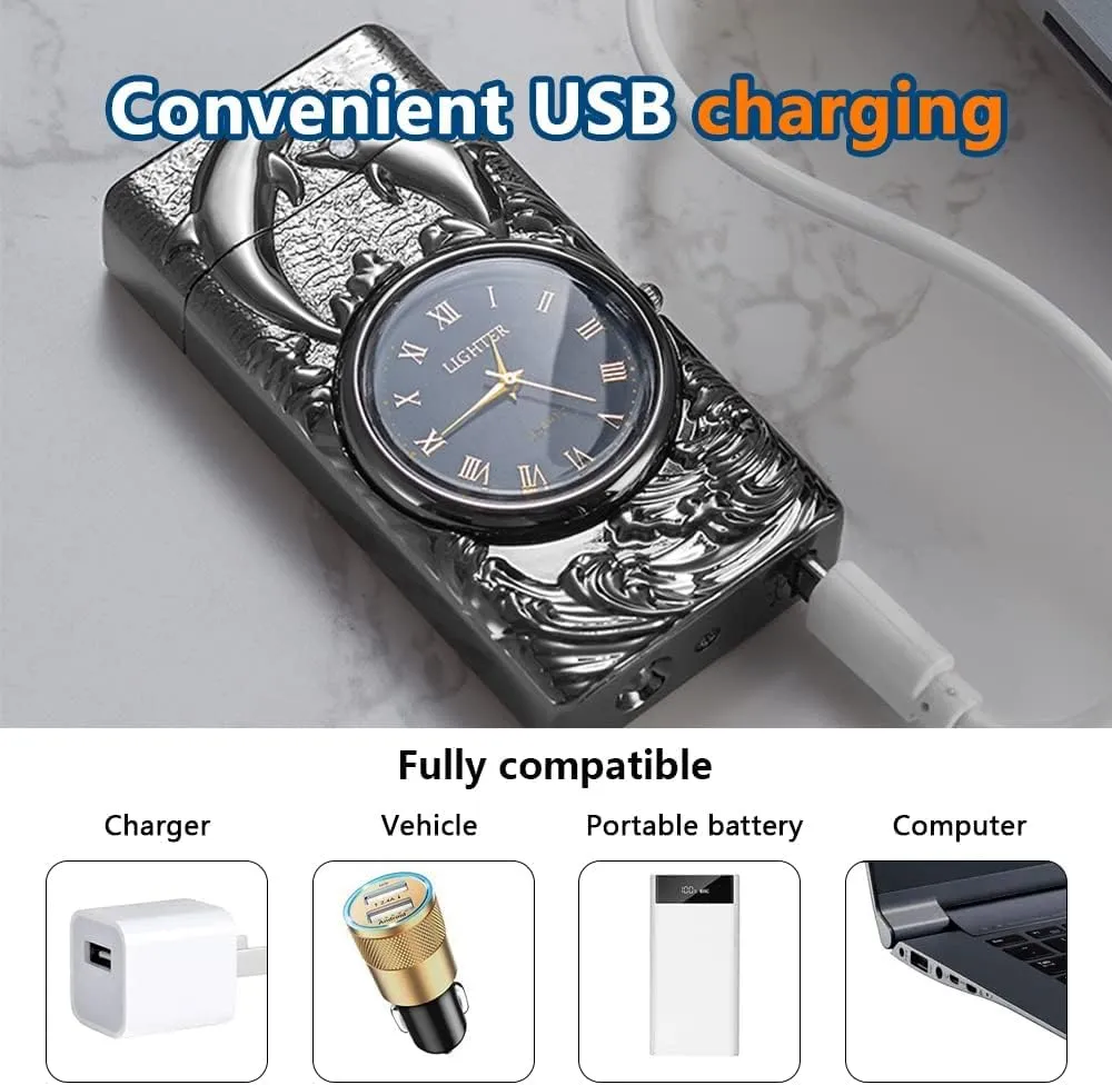 GADATOP Electric Lighter Rechargeable Windproof Lighter Plasma Lighters with 3D Dolphin Relief Built-in Clock LED Light for Daily Use Travel Essentials (Black)