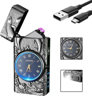 GADATOP Electric Lighter Rechargeable Windproof Lighter Plasma Lighters with 3D Dolphin Relief Built-in Clock LED Light for Daily Use Travel Essentials (Black)