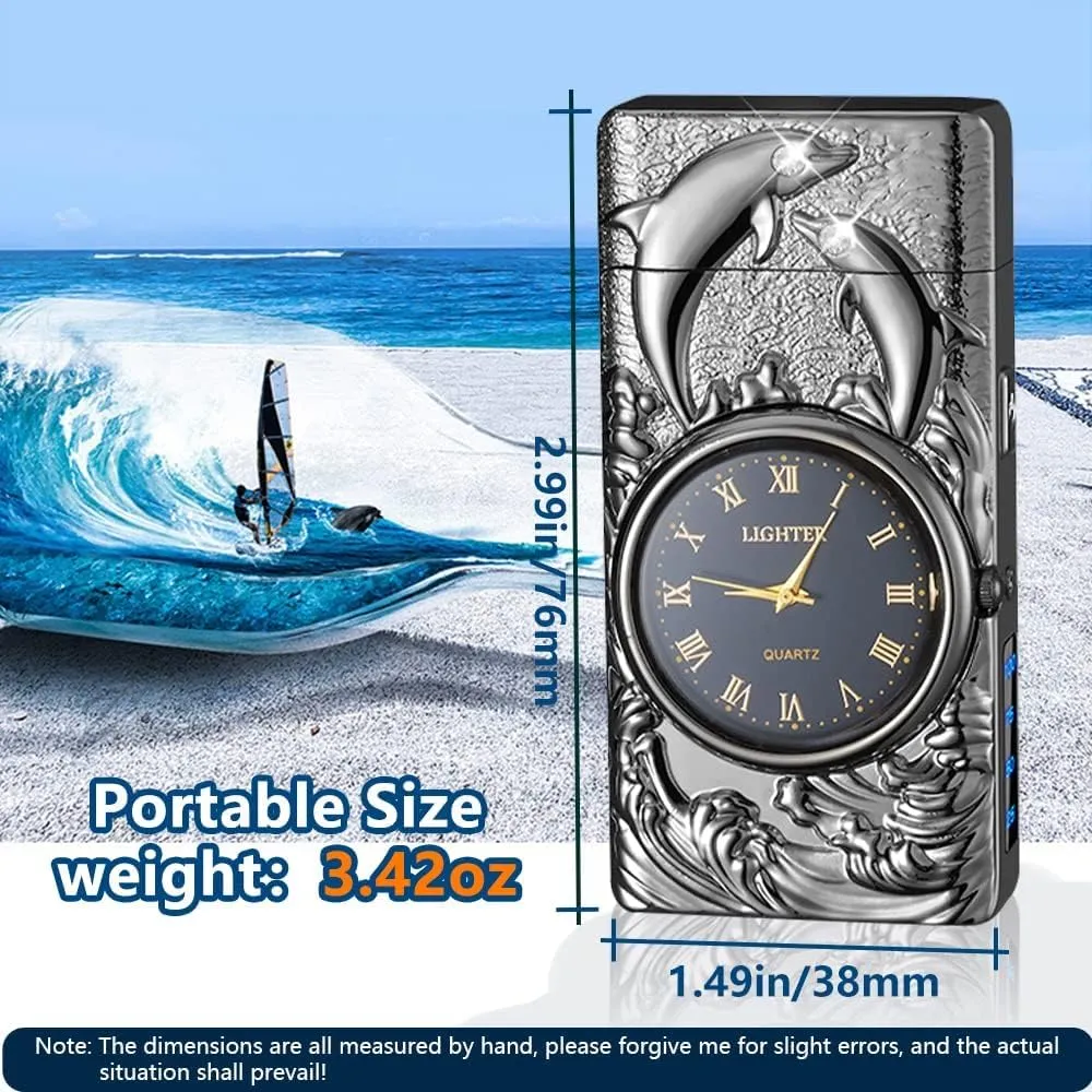 GADATOP Electric Lighter Rechargeable Windproof Lighter Plasma Lighters with 3D Dolphin Relief Built-in Clock LED Light for Daily Use Travel Essentials (Black)