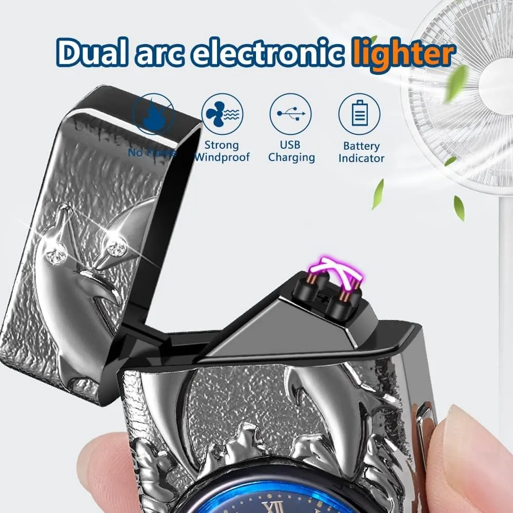 GADATOP Electric Lighter Rechargeable Windproof Lighter Plasma Lighters with 3D Dolphin Relief Built-in Clock LED Light for Daily Use Travel Essentials (Black)