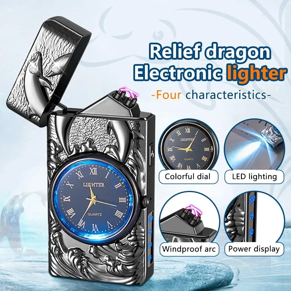 GADATOP Electric Lighter Rechargeable Windproof Lighter Plasma Lighters with 3D Dolphin Relief Built-in Clock LED Light for Daily Use Travel Essentials (Black)