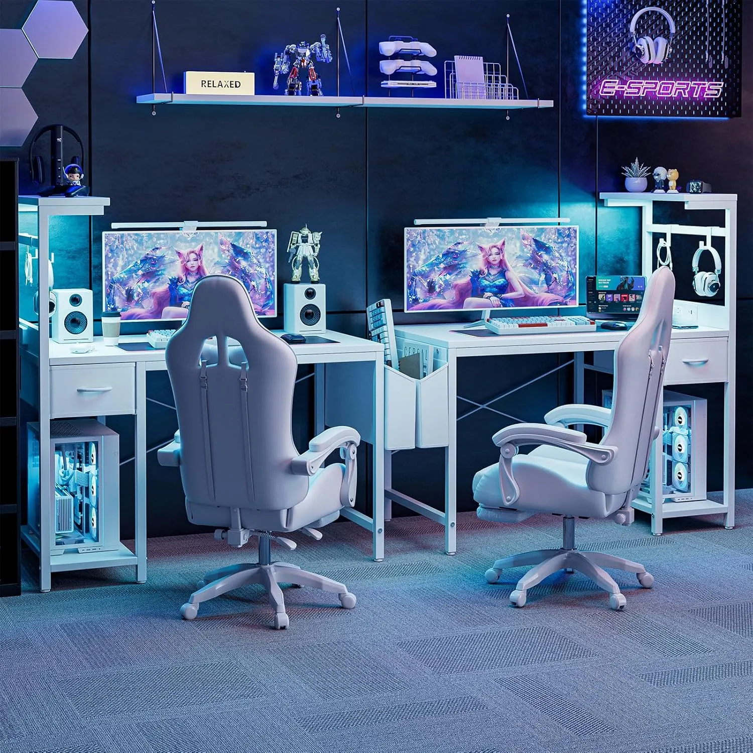 Gaming Desk 40 Inch with Power Outlet and LED Light, Computer Desk with Reversible Shelves and Storage Drawer, Pc Small Desk for Home Office Table with Bag, Carbon Fiber White