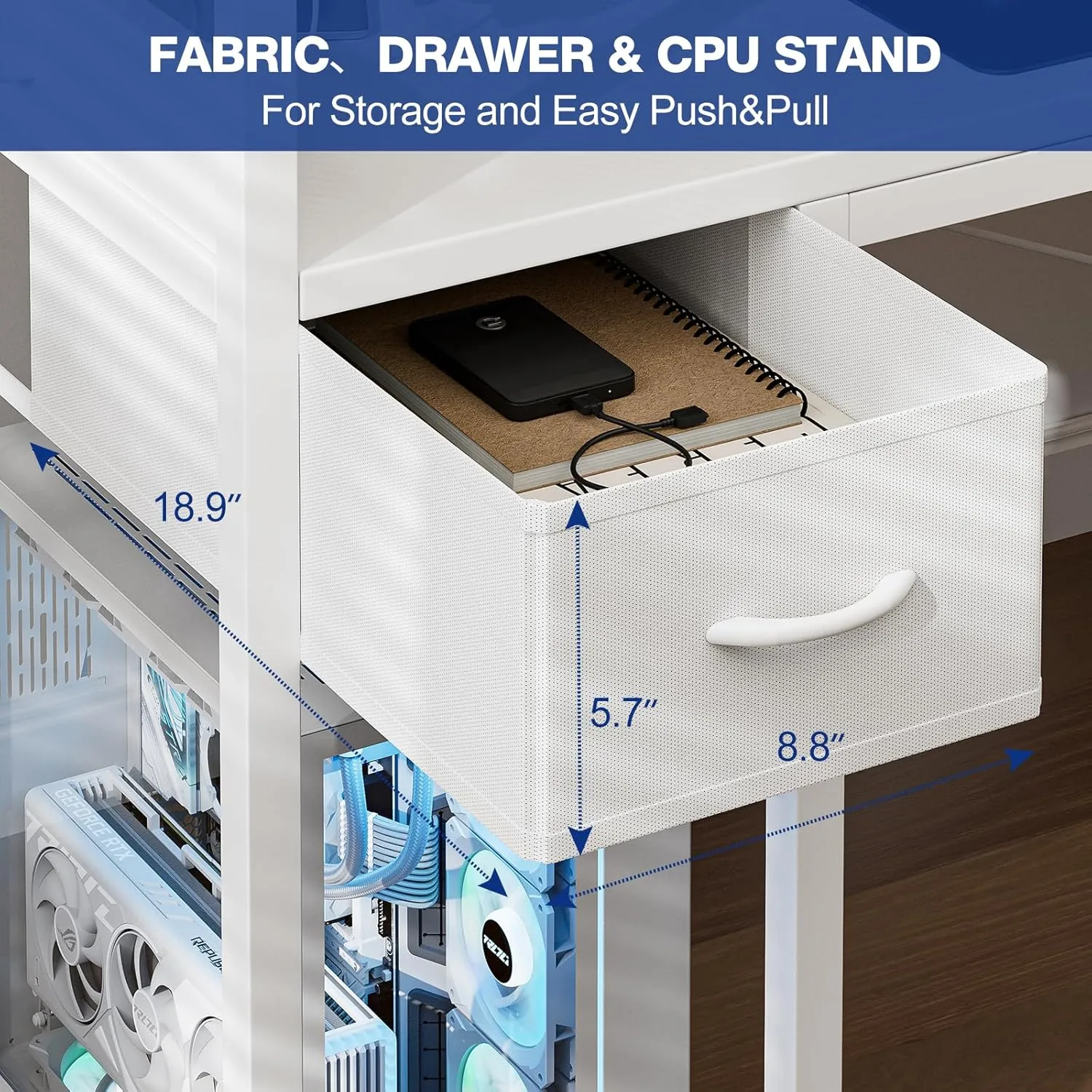 Gaming Desk 40 Inch with Power Outlet and LED Light, Computer Desk with Reversible Shelves and Storage Drawer, Pc Small Desk for Home Office Table with Bag, Carbon Fiber White